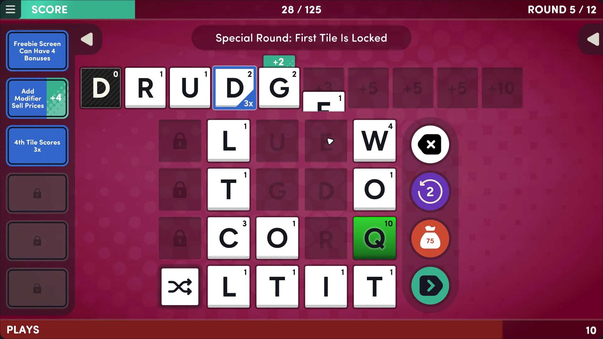 Word Play: Spell words using letter tiles with bonuses in a grid during a special locked tile round.