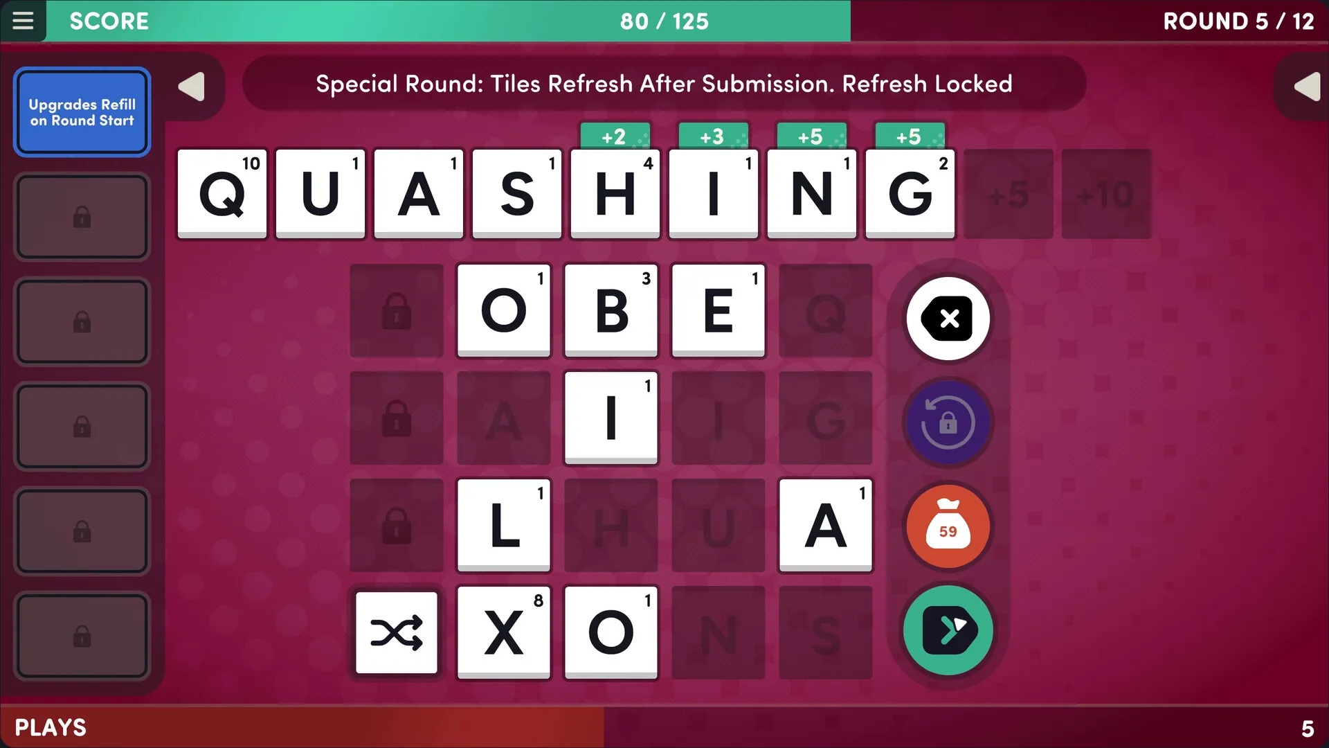 Word Play: Tile grid with letters forming words, score at top, round 5 of 12, upgrade options visible