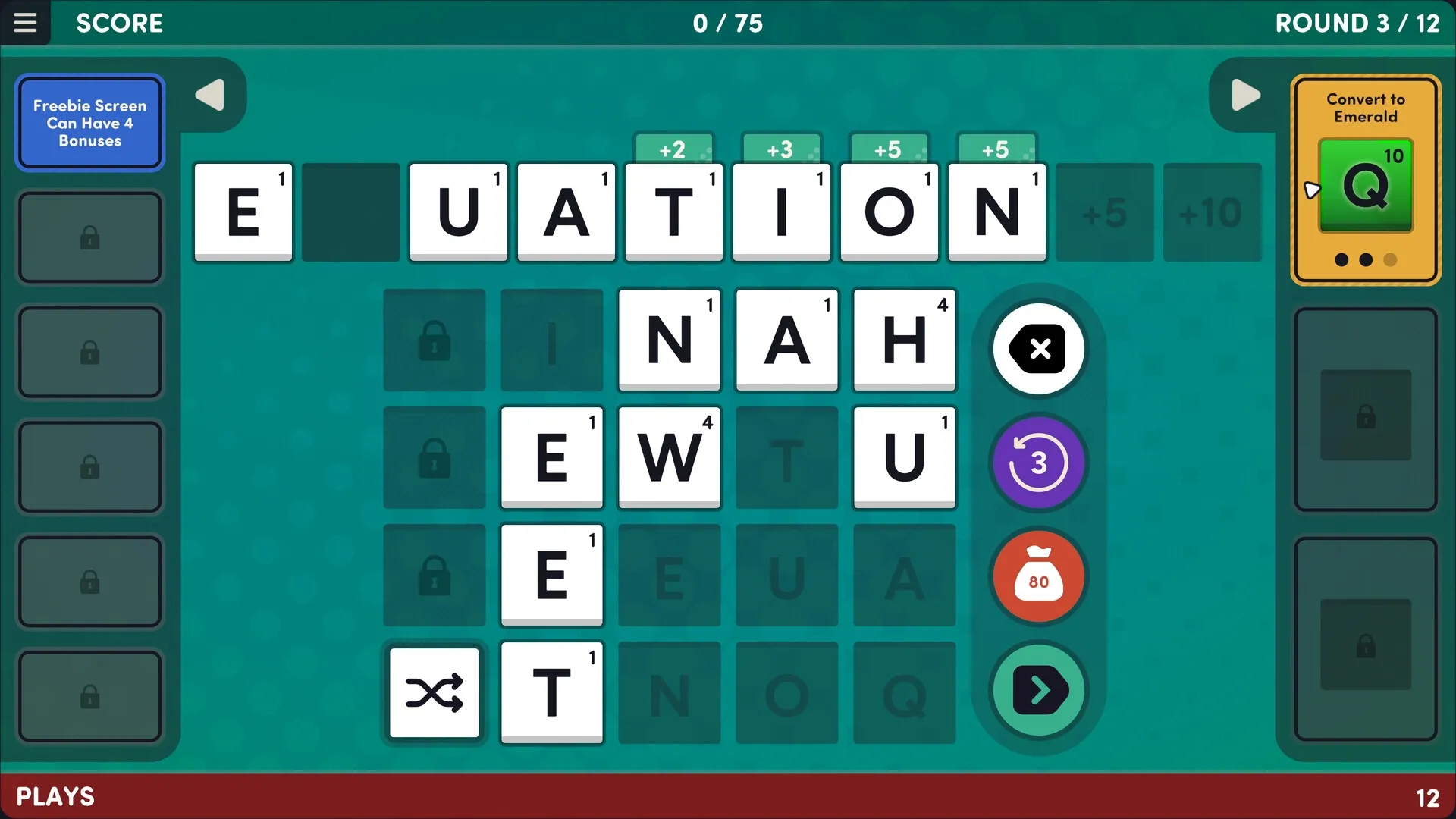 Word Play: Scrabble-style board with letter tiles, score counter, and upgrade options in a teal interface