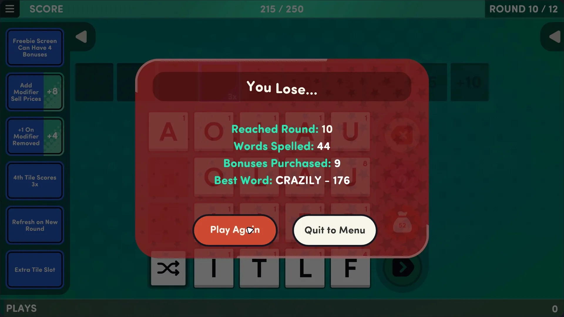 Word Play: Game over screen with score details and options to play again or quit to menu