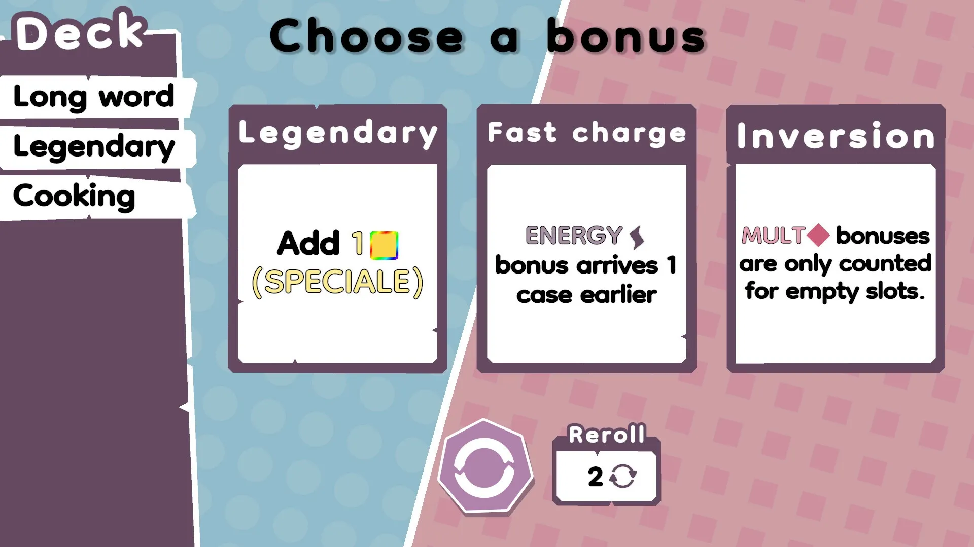 Wordatro!: Choose a bonus screen with Legendary, Fast charge, and Inversion options displayed
