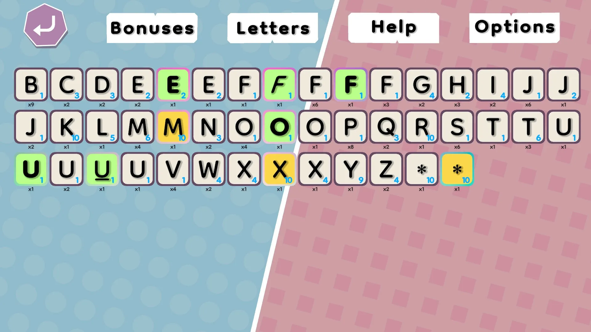Wordatro!: Letter selection grid with point values and bonus indicators, options at top in split background