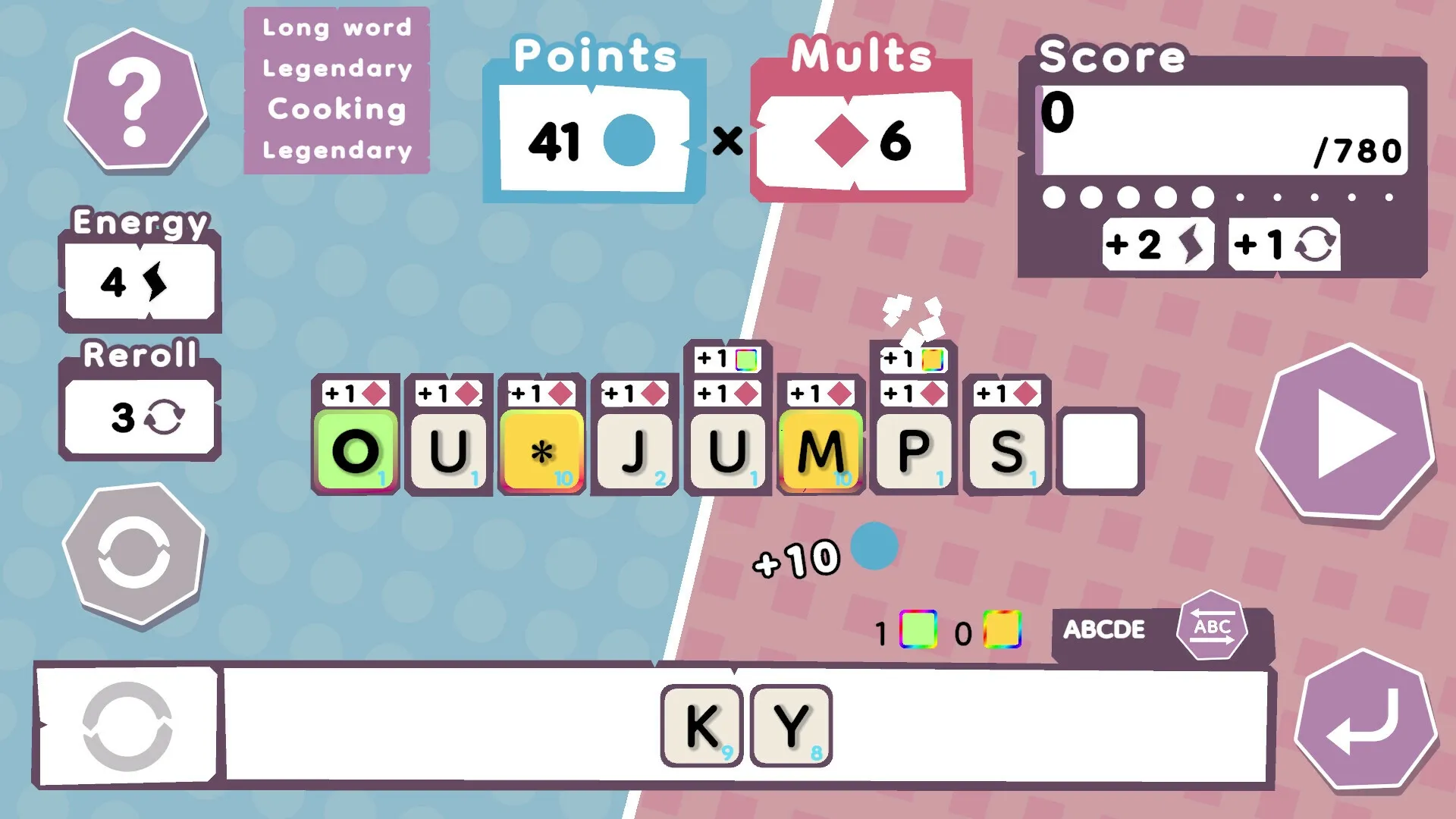 Wordatro!: Forming the word "JUMPS" with bonus tiles, showing energy, reroll options, and score.