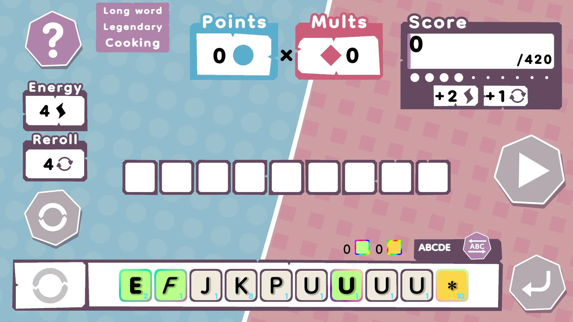Wordatro!: Letter tiles and score display on split blue-pink background with energy and reroll options