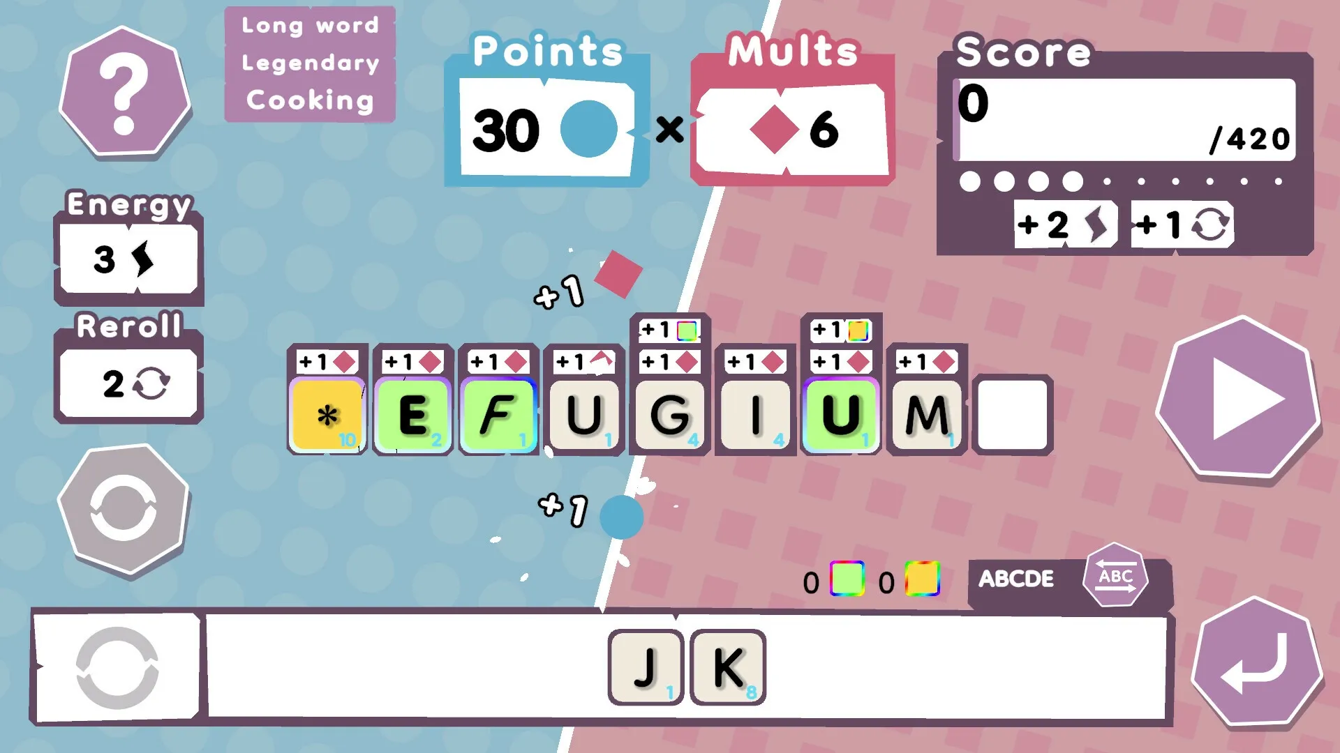 Wordatro!: Form word "EFUGIUM" with points, energy, and reroll options on split blue and pink background