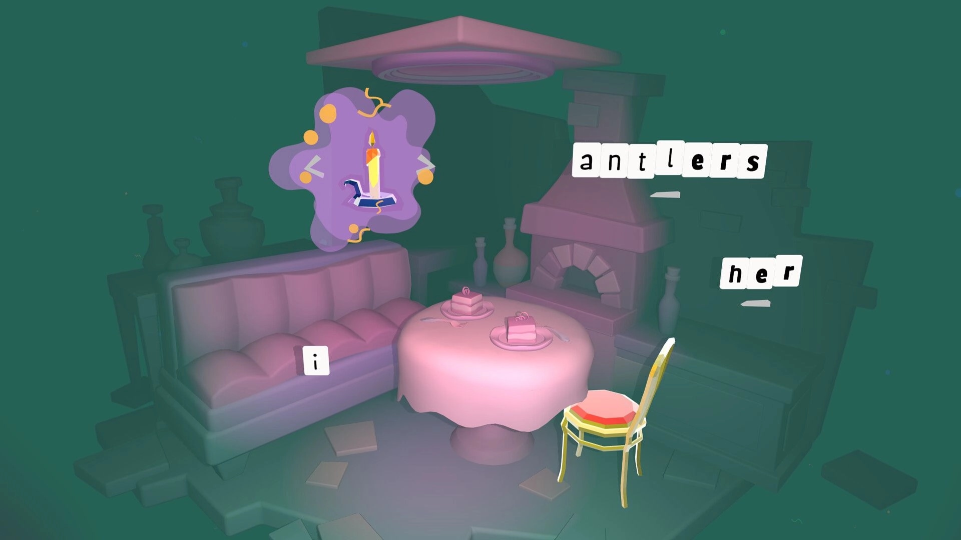 Wordbound: Letter tiles spell antlers and her in a cozy room diorama with table, sofa, fireplace.