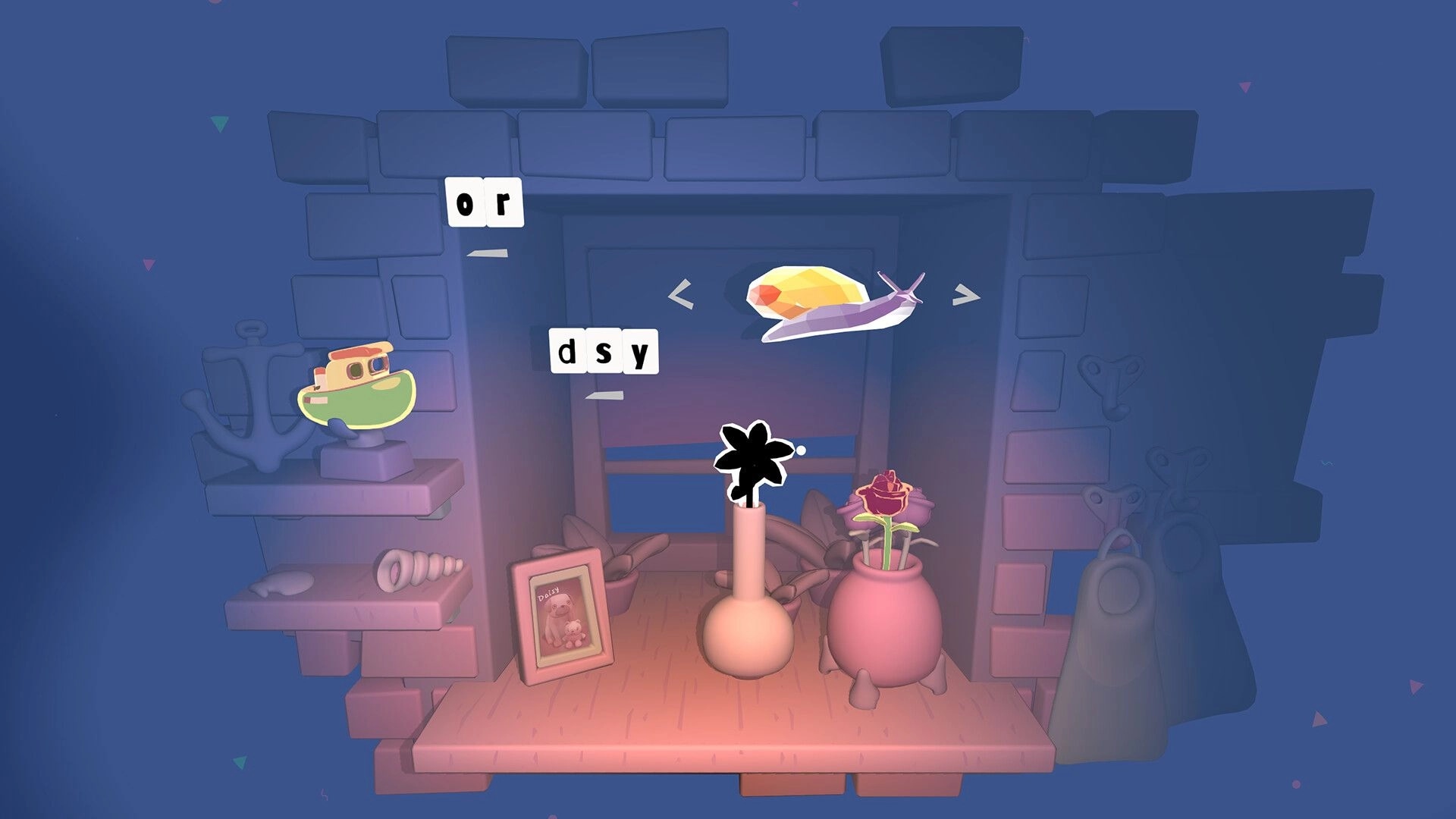 Wordbound: Letter tiles form “dsy” and “or” beside a snail icon in a cozy stone room diorama.