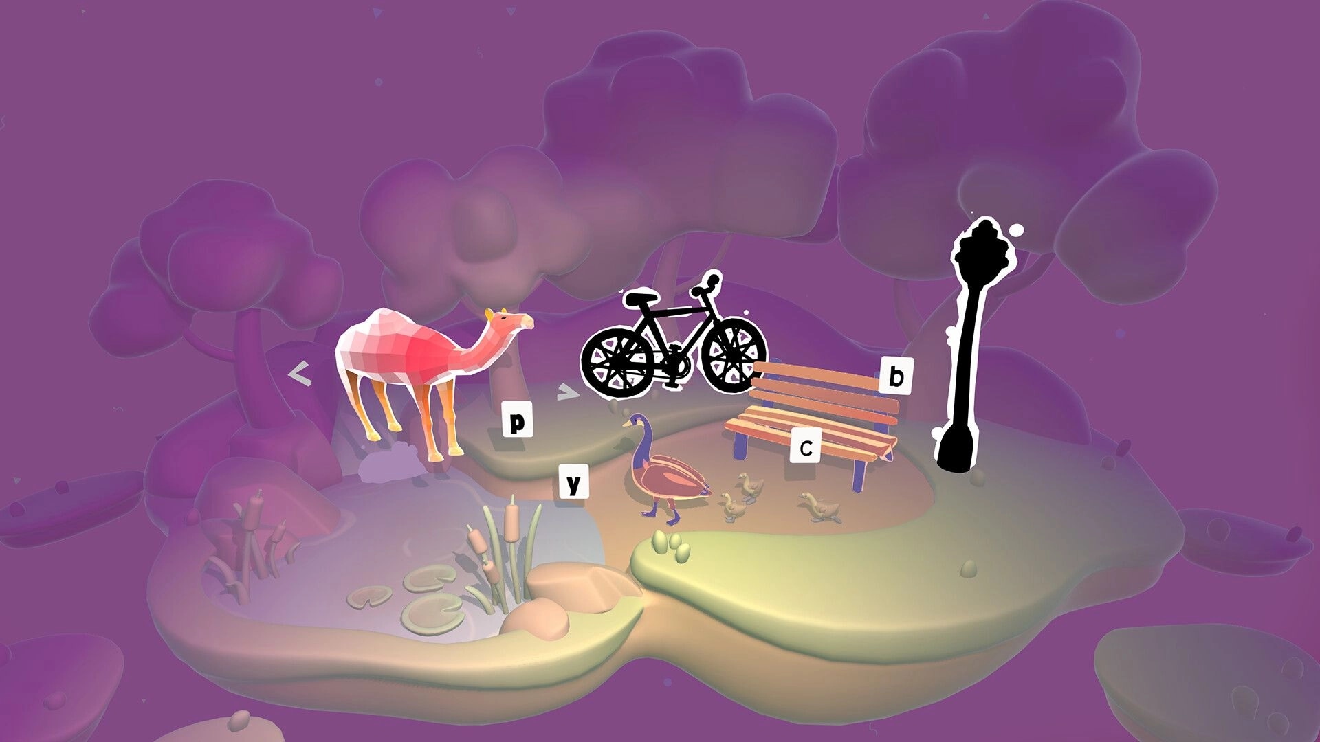 Wordbound: Letter tiles form a bike near a bench and lamp, with deer and ducks in a purple park diorama.