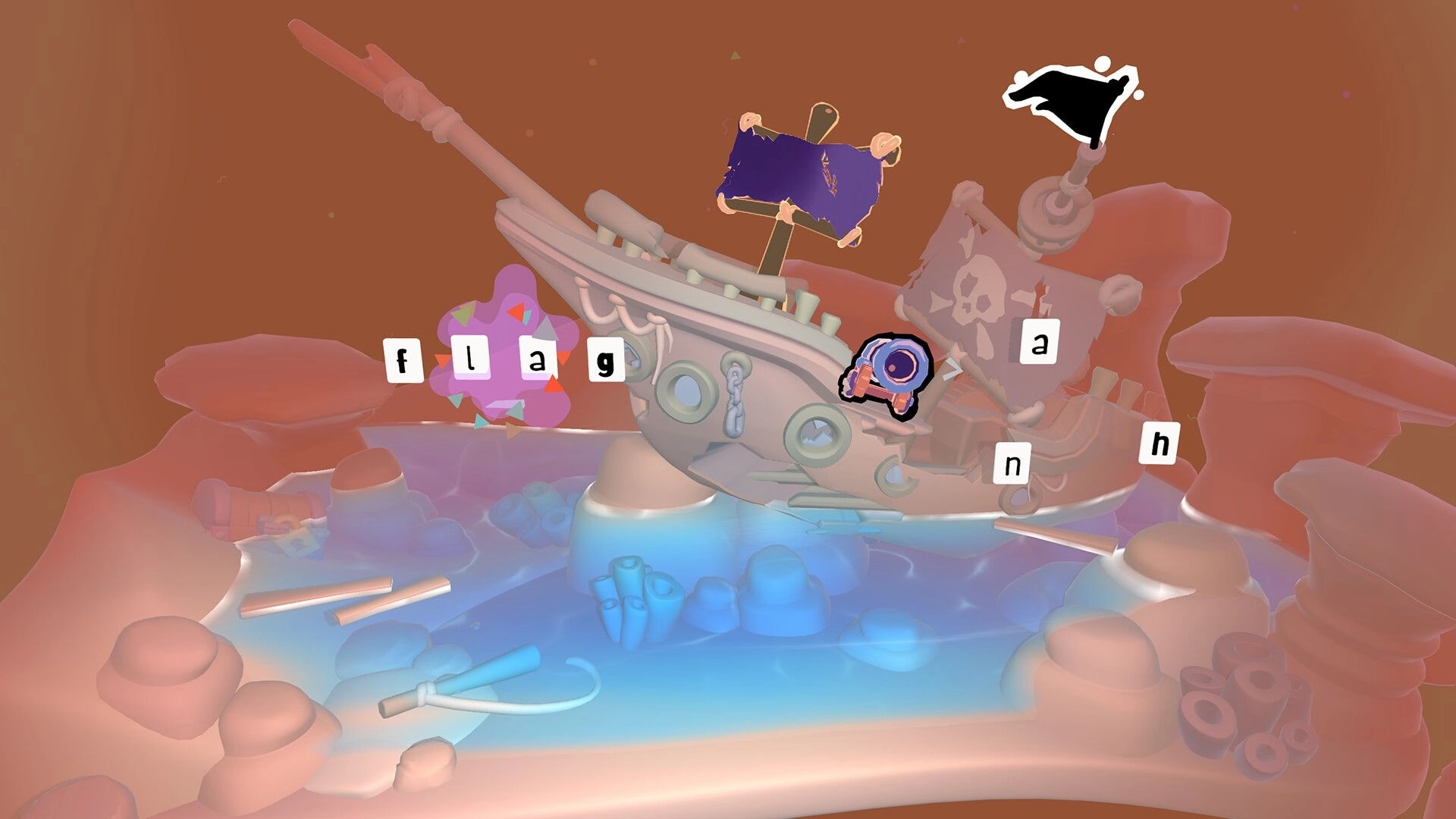 Wordbound: Letter tiles form "flag" beside a wrecked pirate ship in a pastel ocean diorama scene.