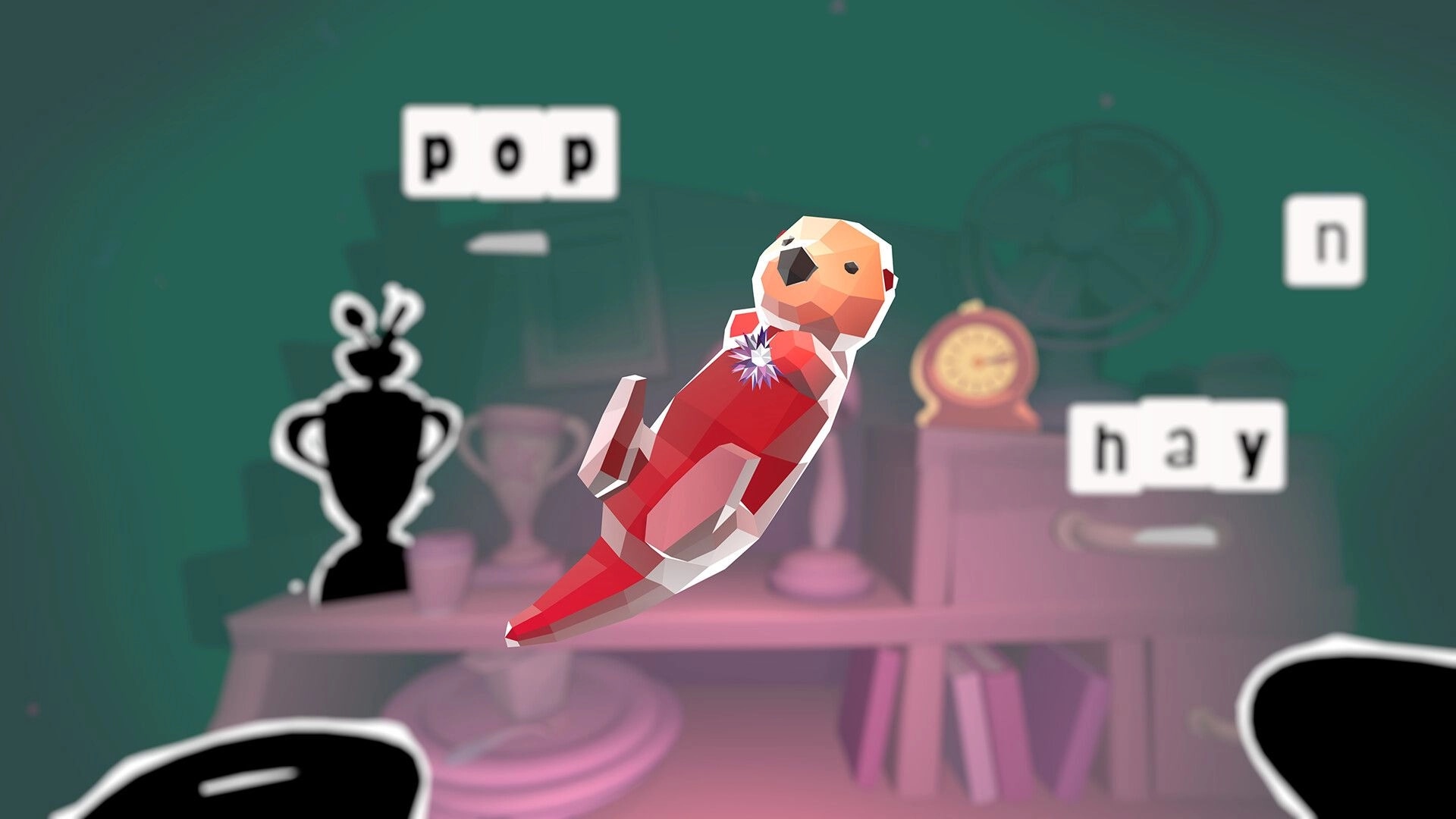 Wordbound: Red parrot pops into view from letter tiles over a shelf of objects and shadow clues.