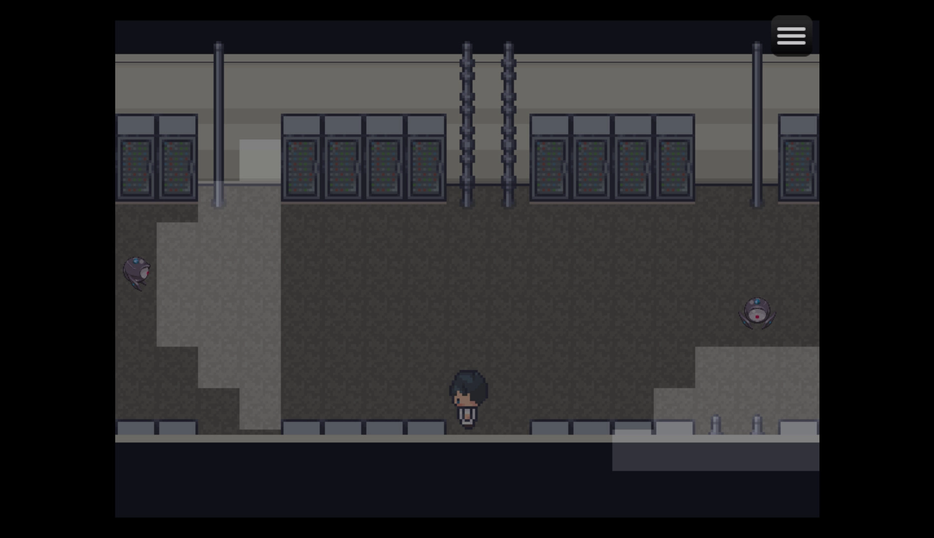 Work Life Balance: Character exploring server room with visible terminals and mysterious floating orb