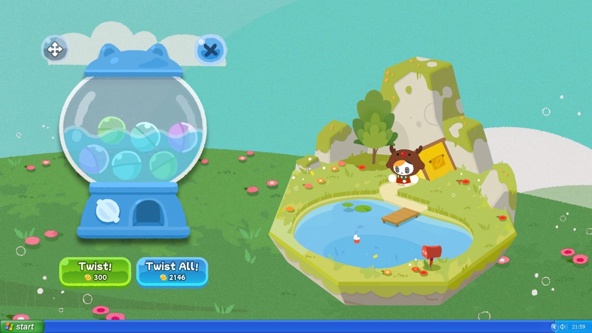 Work...Or Fish?: Gacha machine UI with Twist buttons beside a tiny pond and character on grassy island.