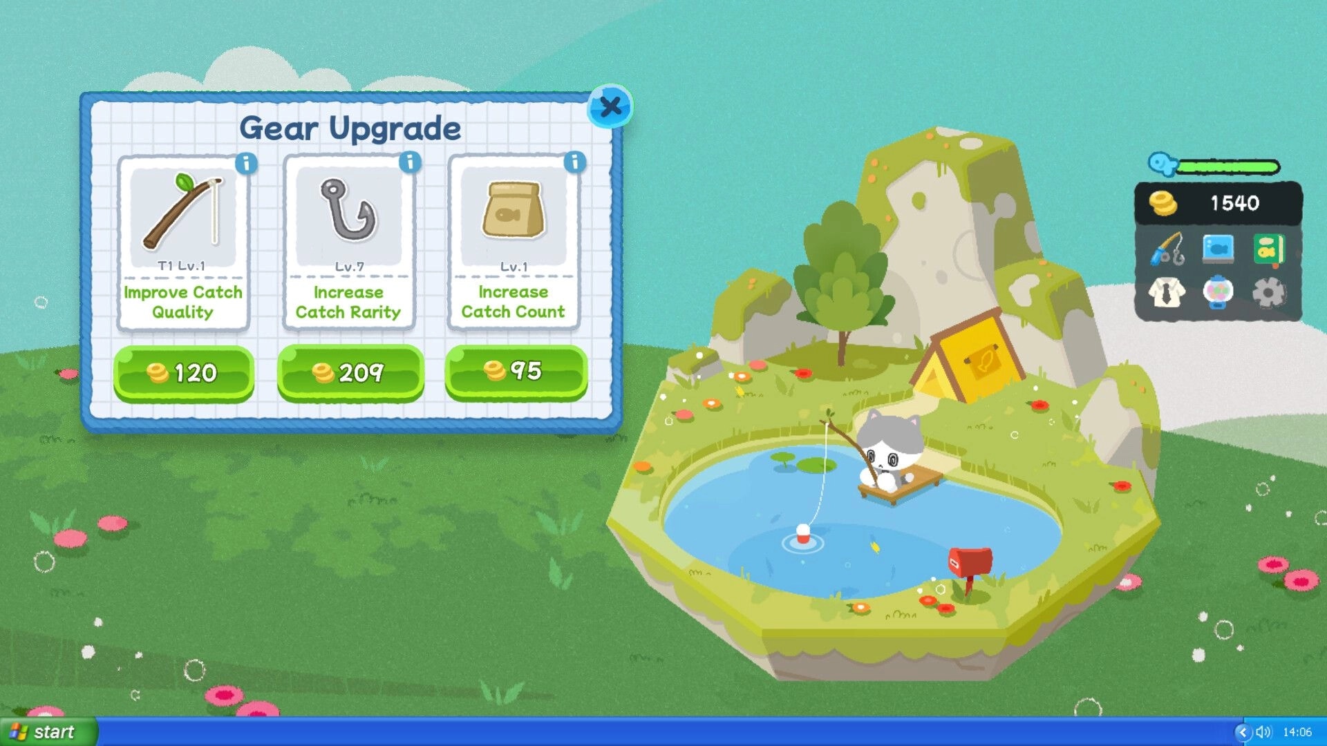 Work...Or Fish?: Gear Upgrade menu with rod, hook, bag upgrades beside cat fishing at a small pond island.