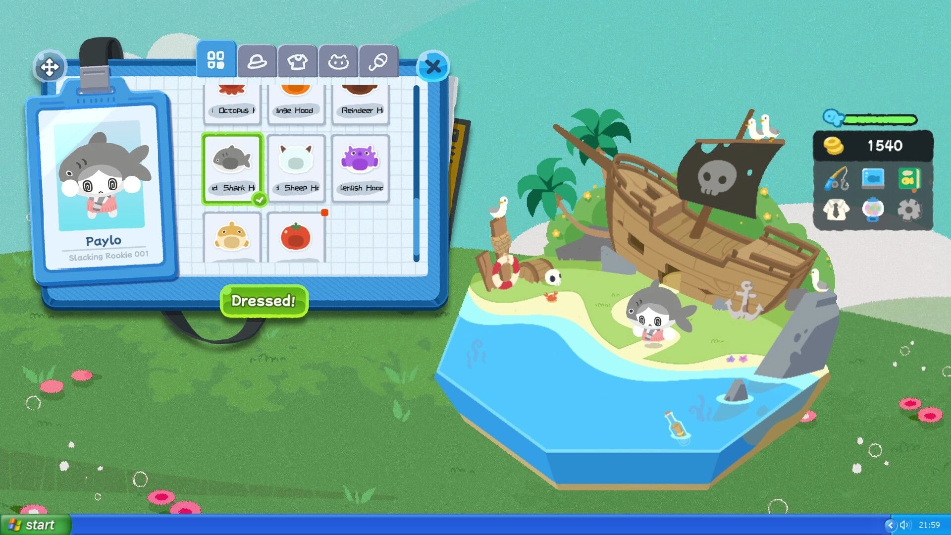 Work...Or Fish?: Paylo outfit menu selecting Shark Hat beside tiny island dock with wrecked ship UI.