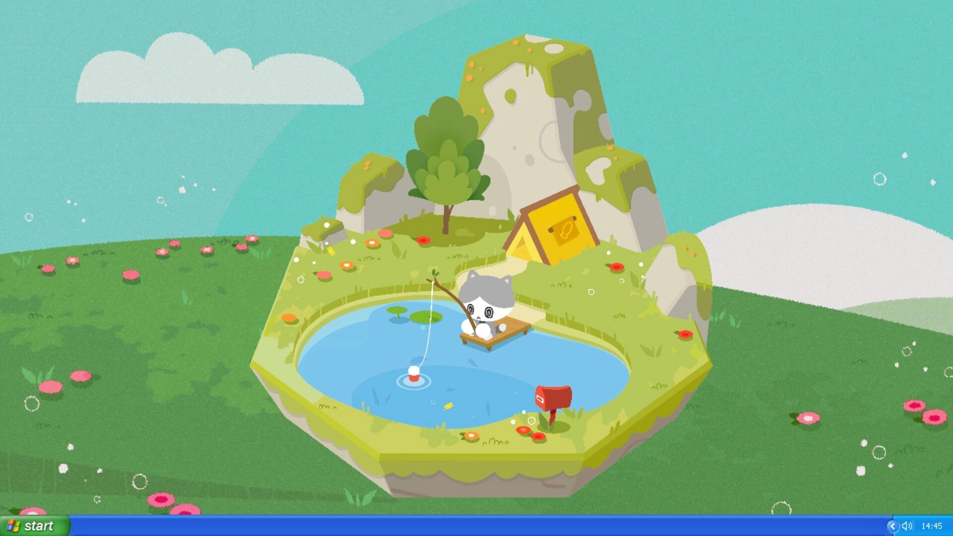 Work...Or Fish?: Cat fishing from a tiny dock in a pond, grassy island with tent and mailbox nearby.