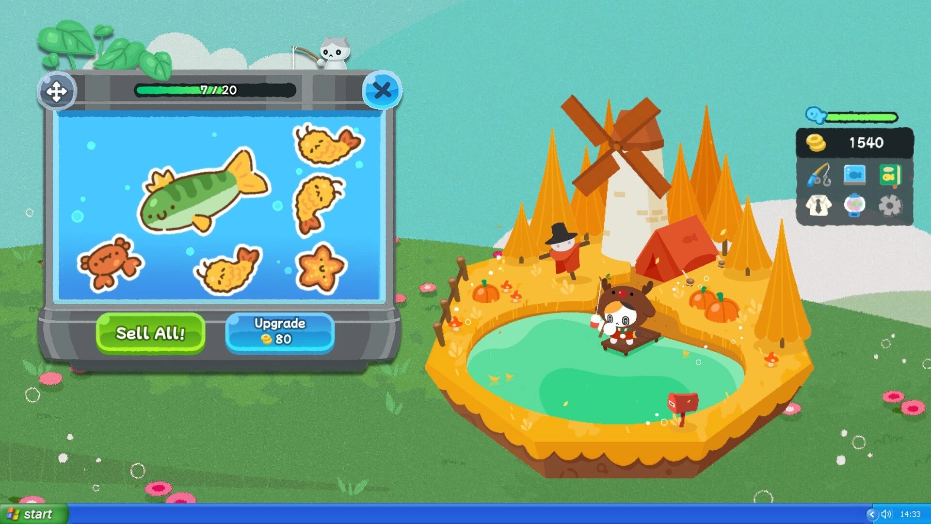Work...Or Fish?: Fish inventory and Sell All/Upgrade menu beside cat fishing at a pond by a windmill.
