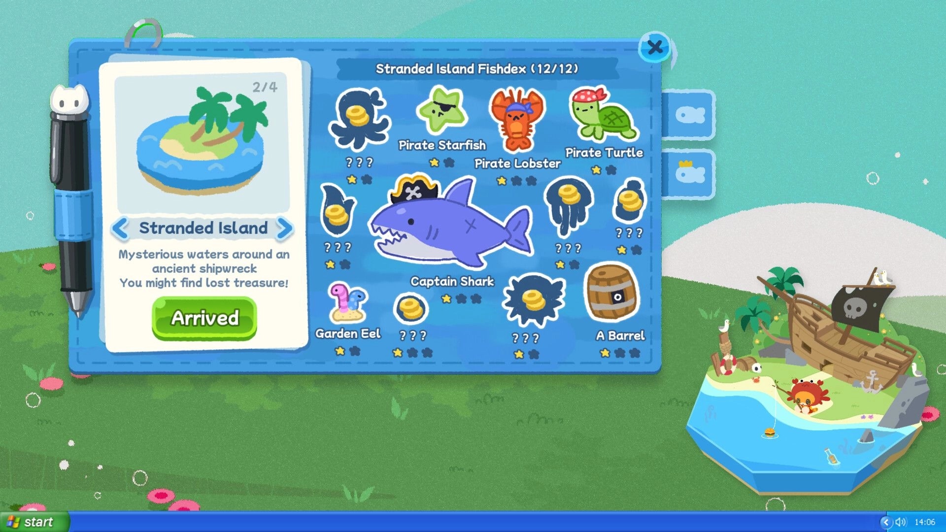 Work...Or Fish?: Stranded Island fishdex page with pirate fish icons and Arrived button over sea map.