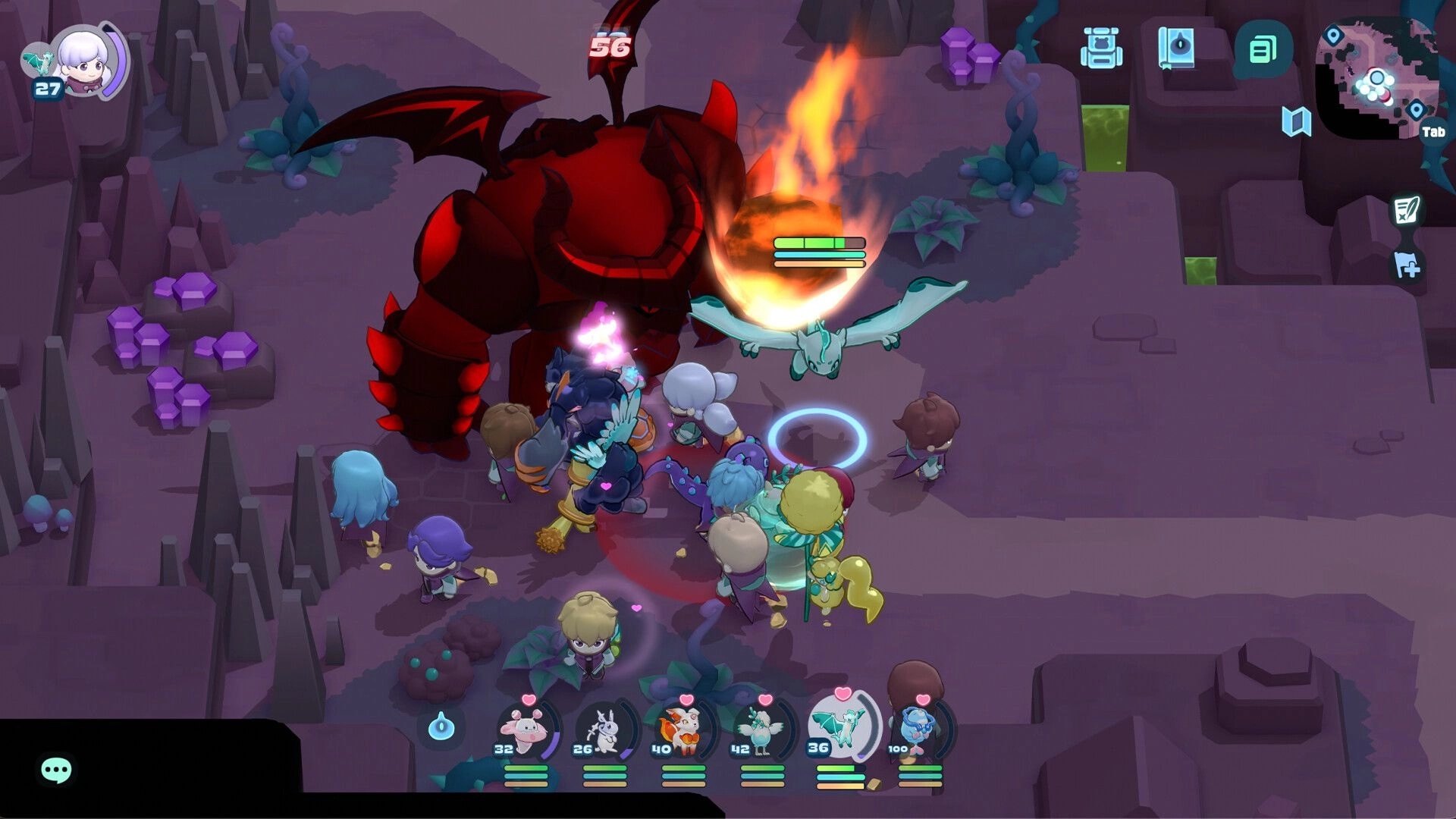 World of Slime: Party battles a red horned demon boss in a cave, minimap and slime roster UI visible.
