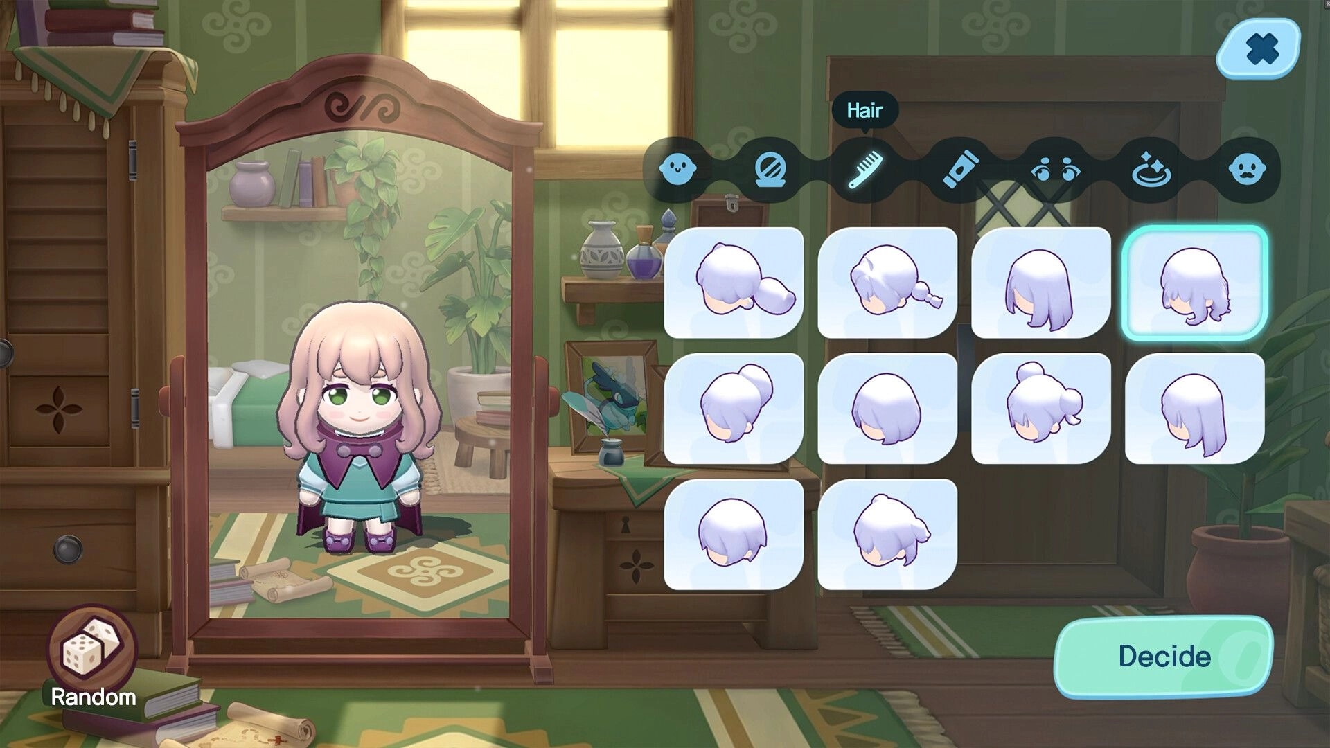 World of Slime: Character customization hair menu with style icons beside mirror in cozy bedroom room.