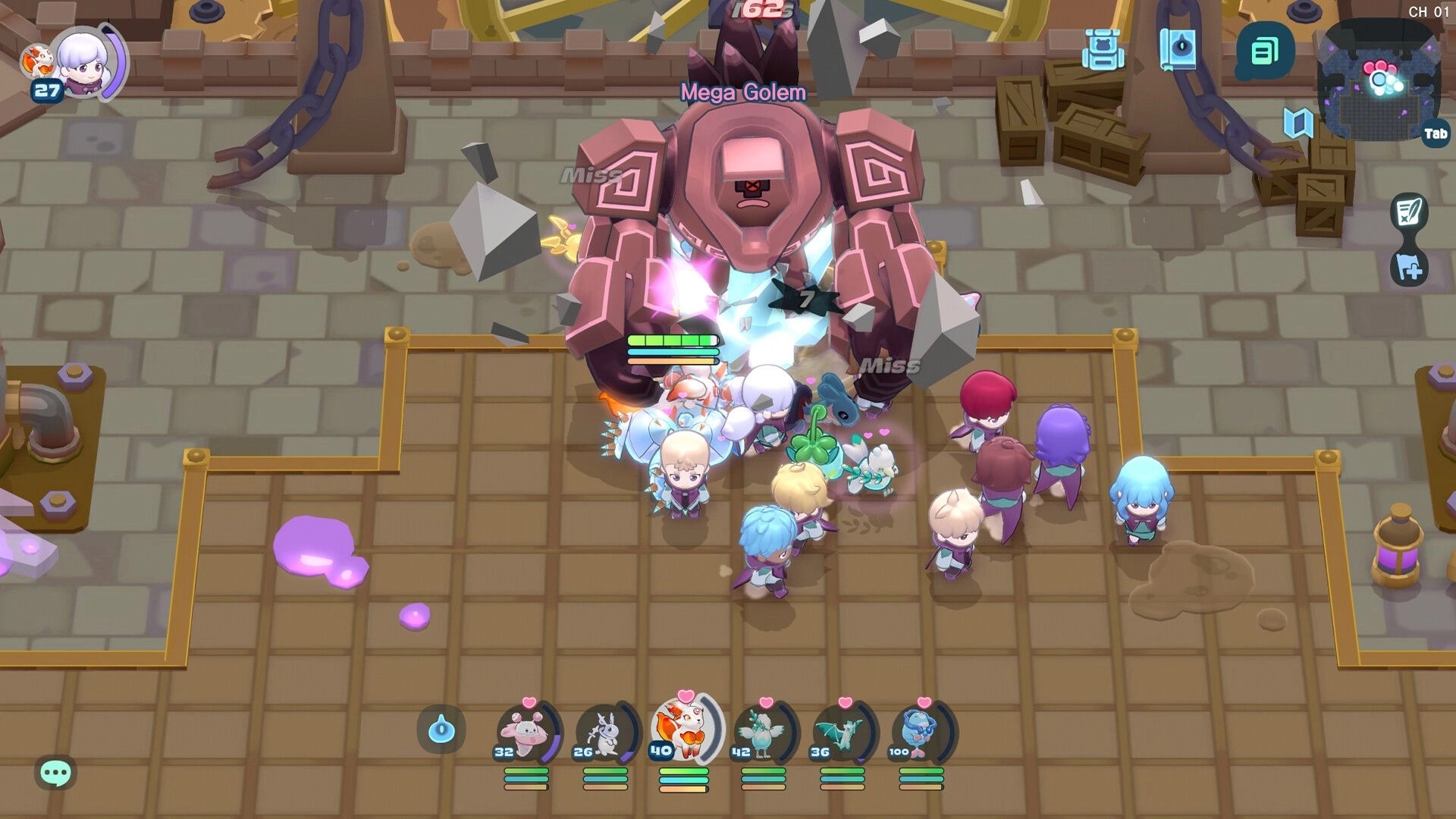 World of Slime: Party battles Mega Golem boss in a dungeon room with skill bar and minimap UI.