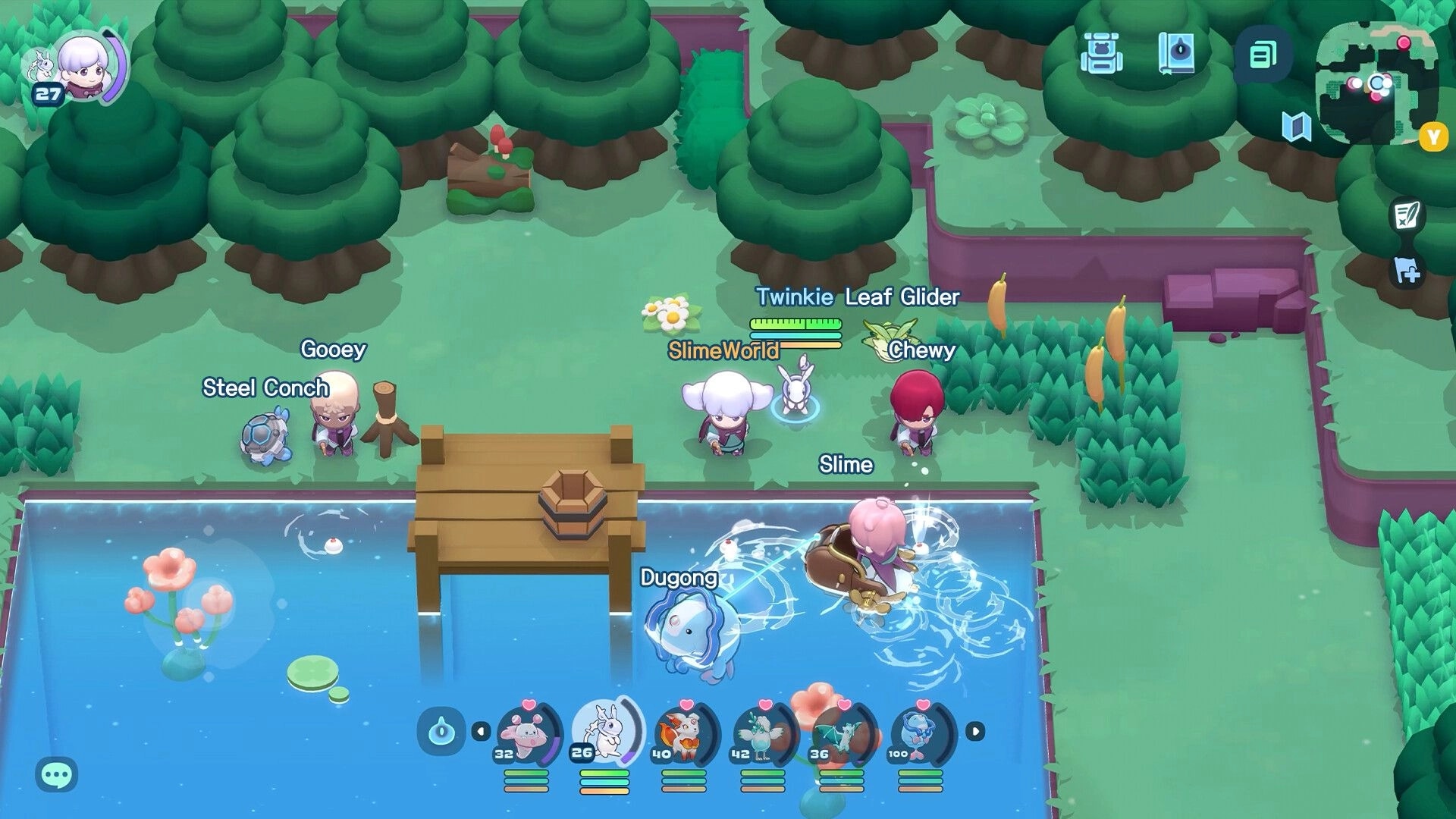 World of Slime: Player and slimes by a pond with fishing splashes near a dock in a forest clearing.