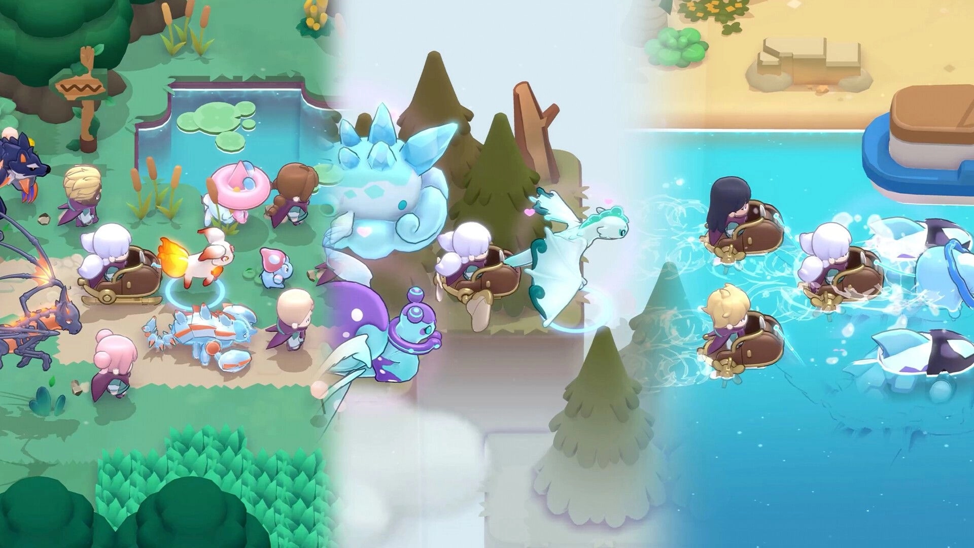 World of Slime: Players ride boat mounts past slimes and crystals along a forest river and lake shore.