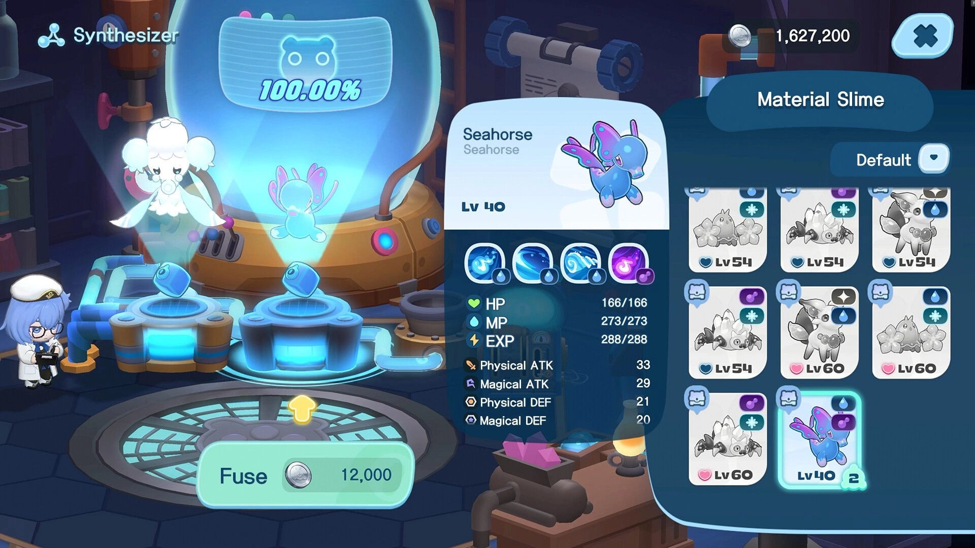 World of Slime: Synthesizer fuse screen with Seahorse Lv40 stats and Material Slime grid in lab.