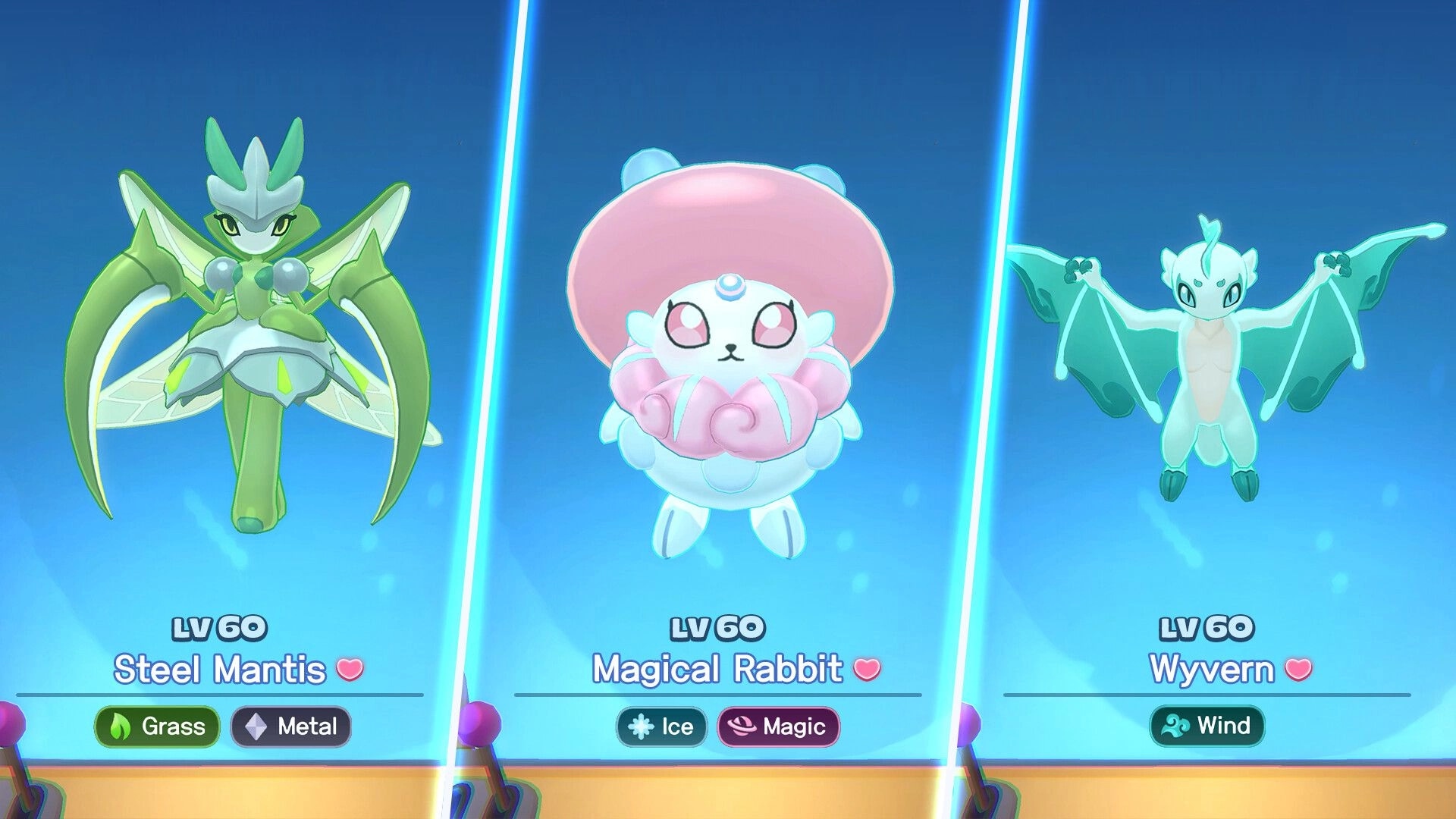 World of Slime: Creature collection roster showing LV60 Steel Mantis, Magical Rabbit, and Wyvern cards.