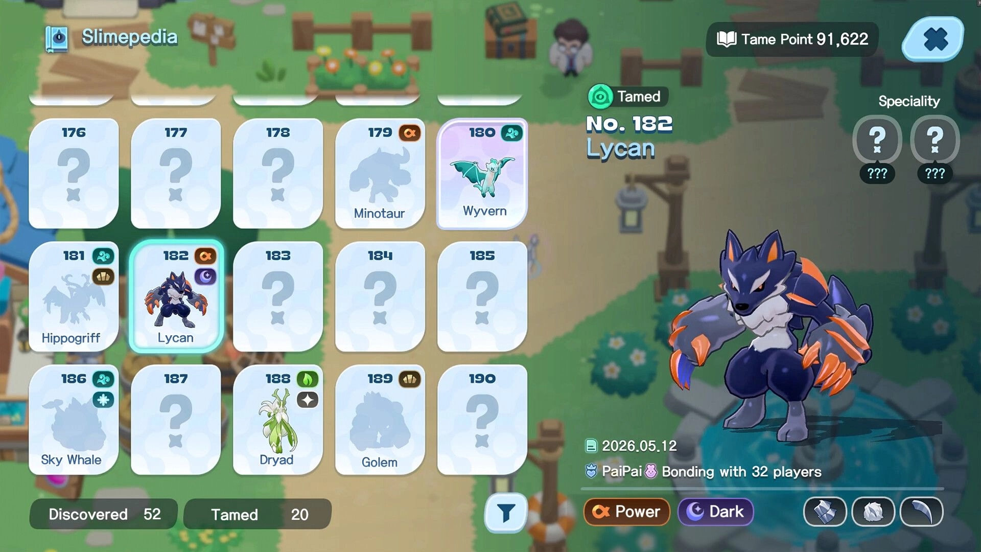 World of Slime: Slimepedia menu highlighting tamed Lycan No.182 with grid cards over village map.