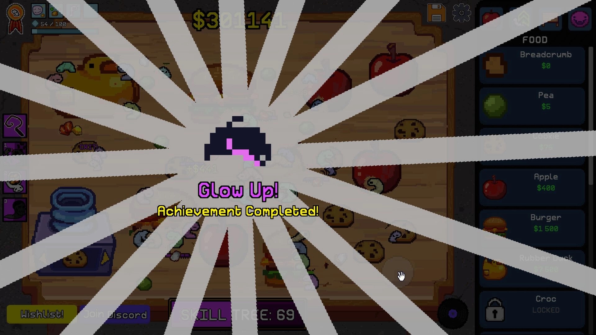 Worm Capitalist: Glow Up achievement pop-up over worm pit with food shop list and cash total UI.