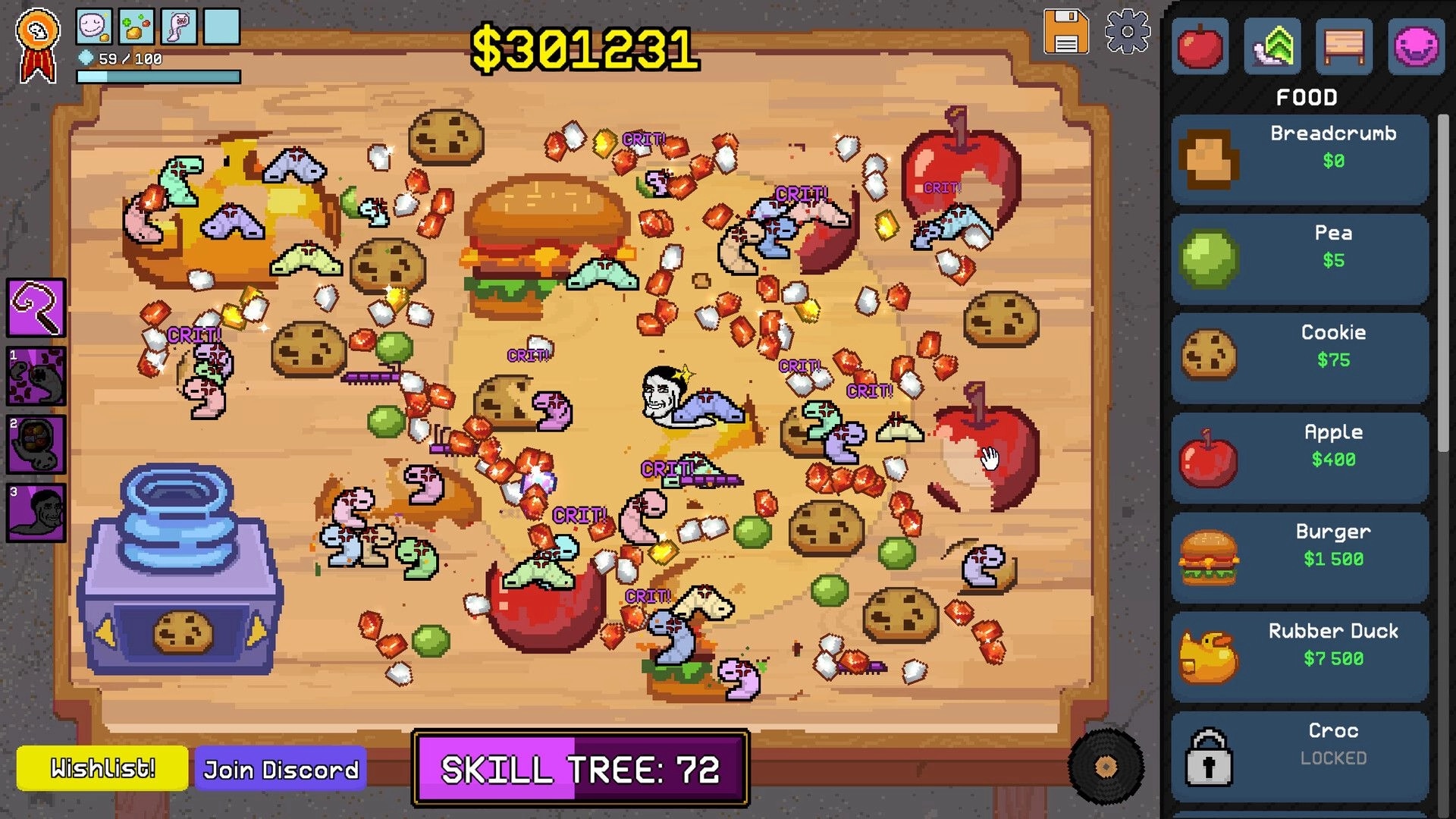 Worm Capitalist: Worms devour apples and burgers on a wooden board with food shop menu on right.