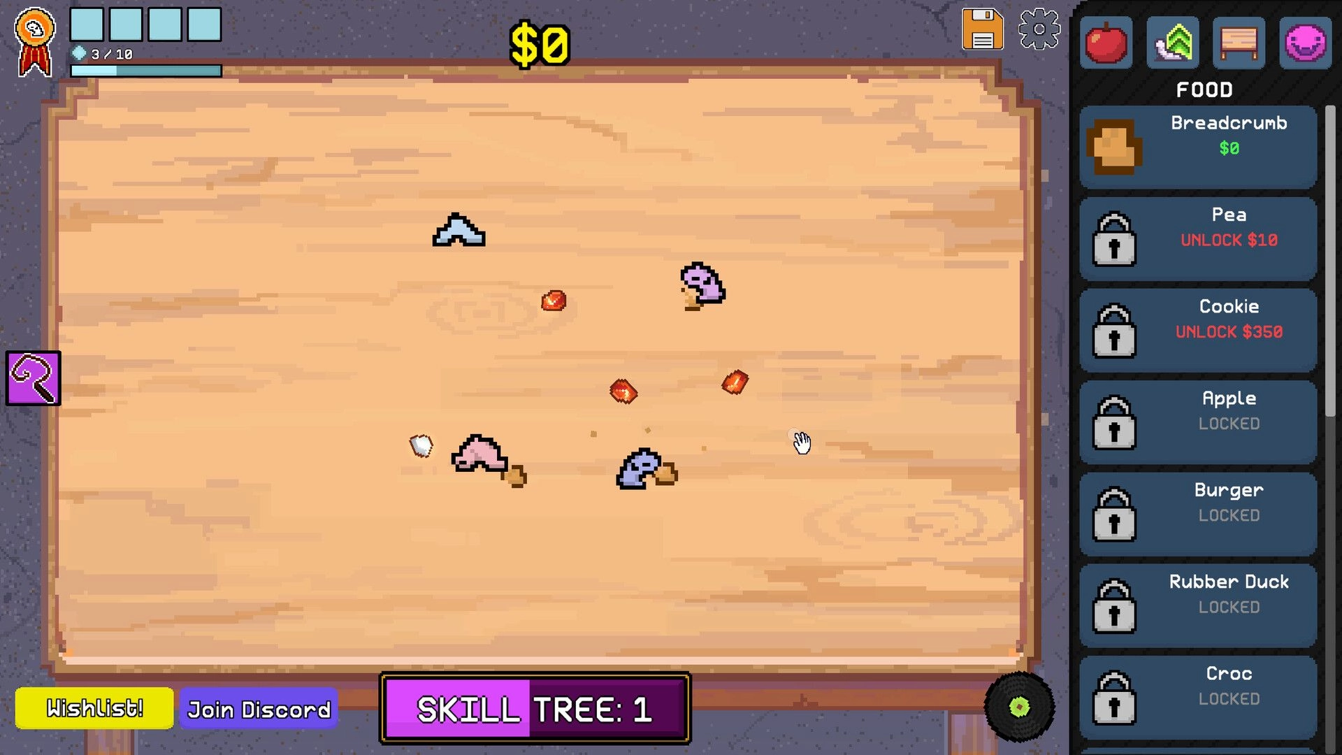 Worm Capitalist: Three worms crawl on a wood board with crumbs, food shop list on the right UI.