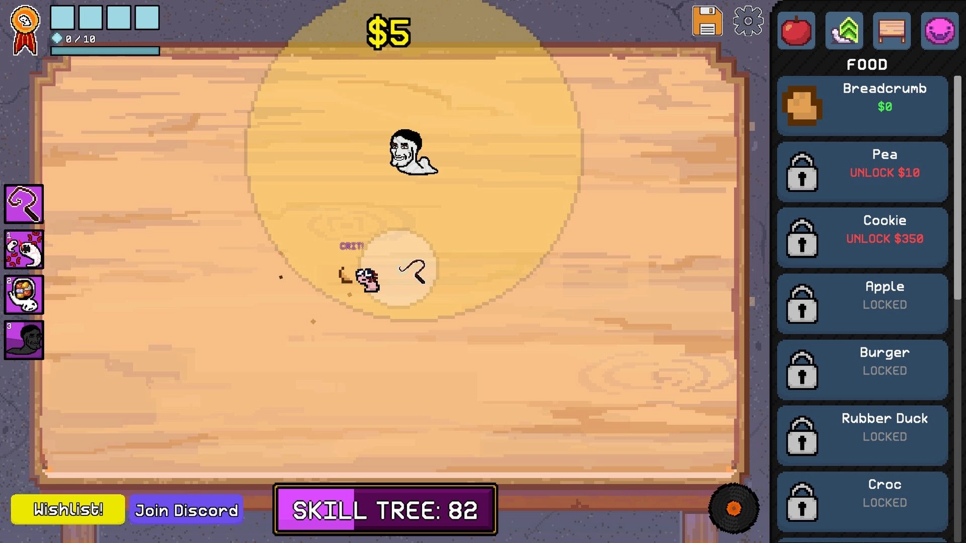 Worm Capitalist: Worm attacks a small creature on wooden arena, with Food shop list and $5 UI panel.
