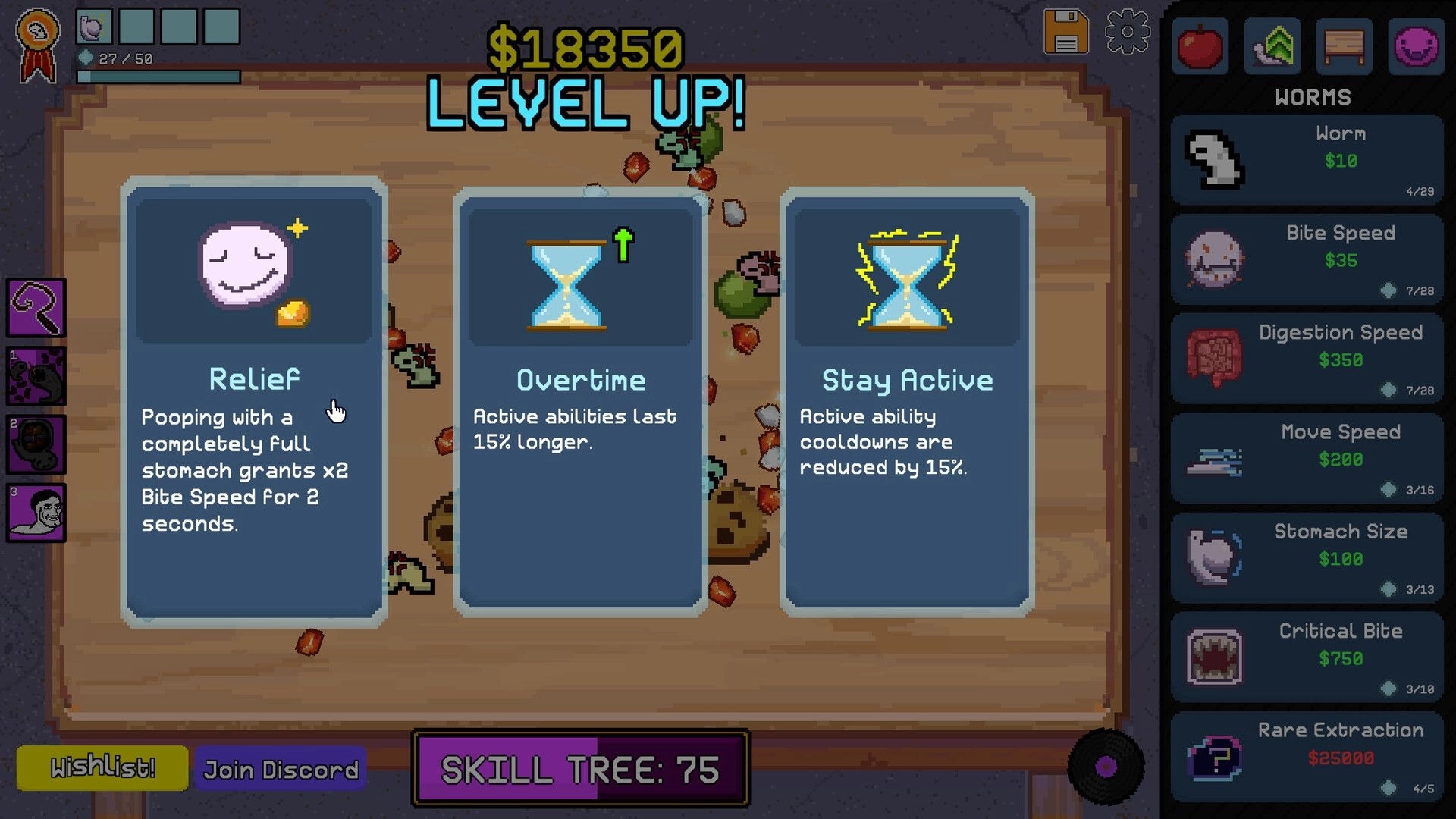 Worm Capitalist: Level Up skill choice with three perk cards over worm upgrade shop sidebar UI.