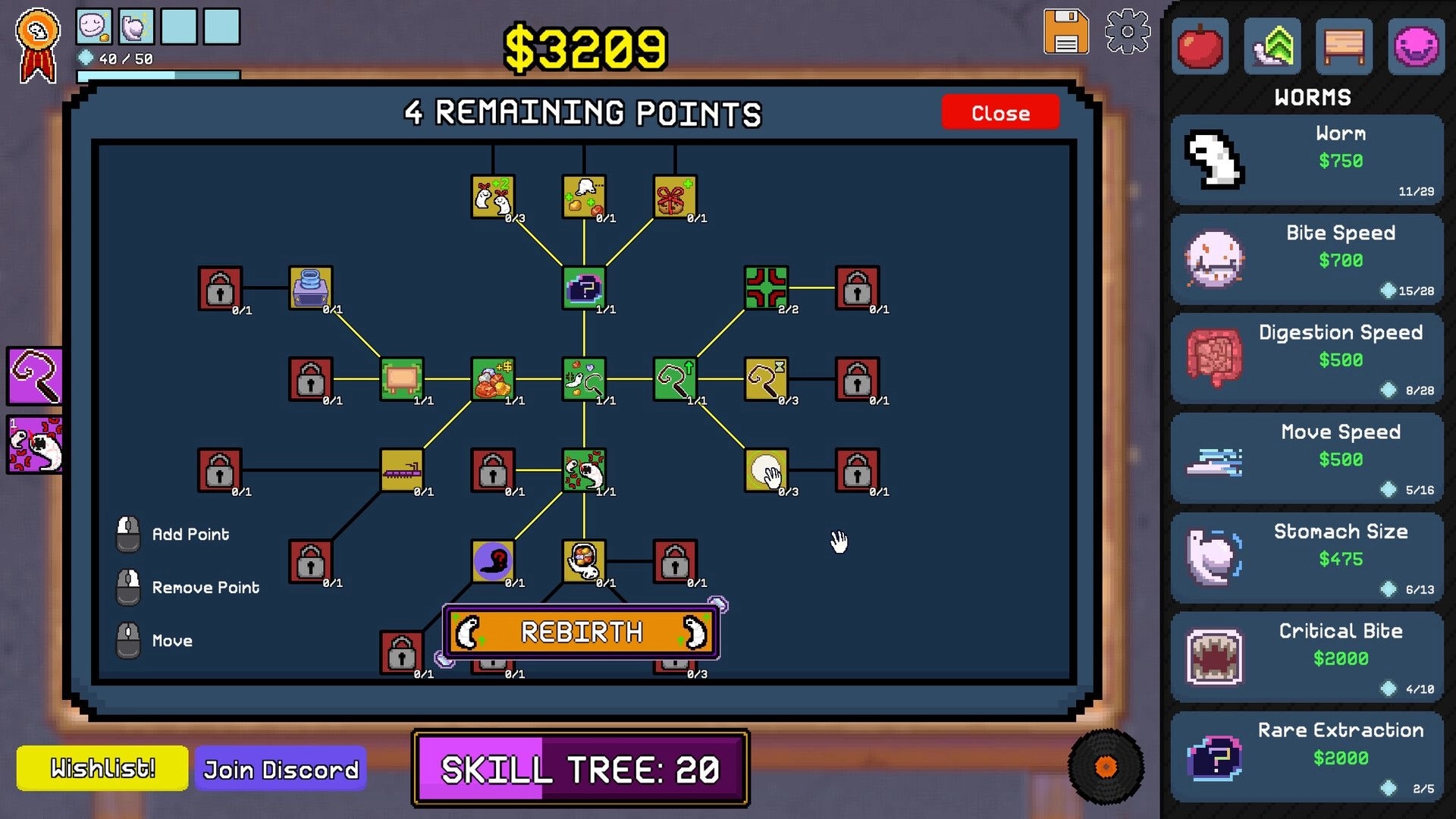 Worm Capitalist: Skill tree upgrade screen with 4 remaining points and worm stats shop sidebar.
