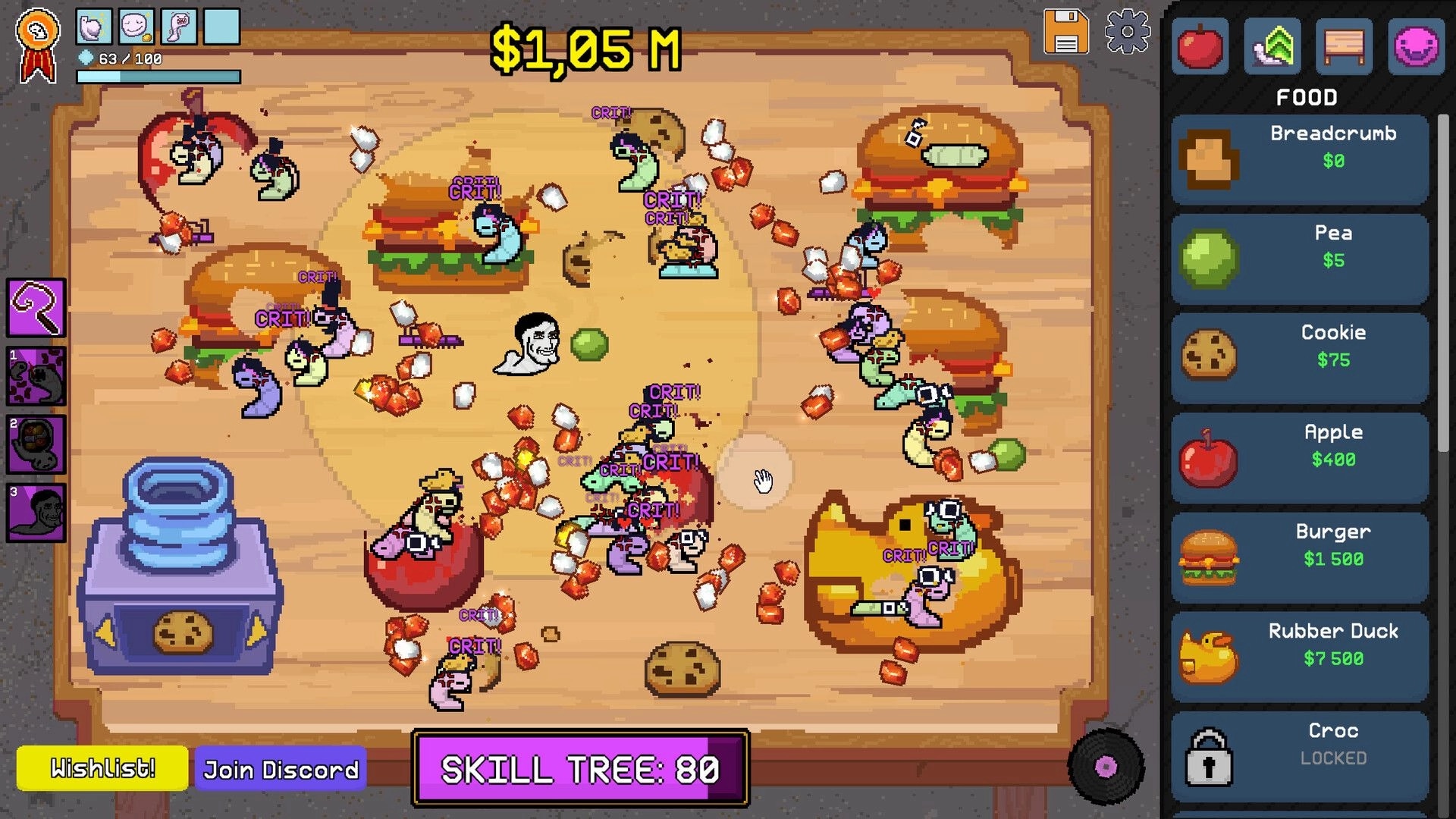 Worm Capitalist: Worms swarm burgers and apples with CRIT popups on wooden board, Food shop open.
