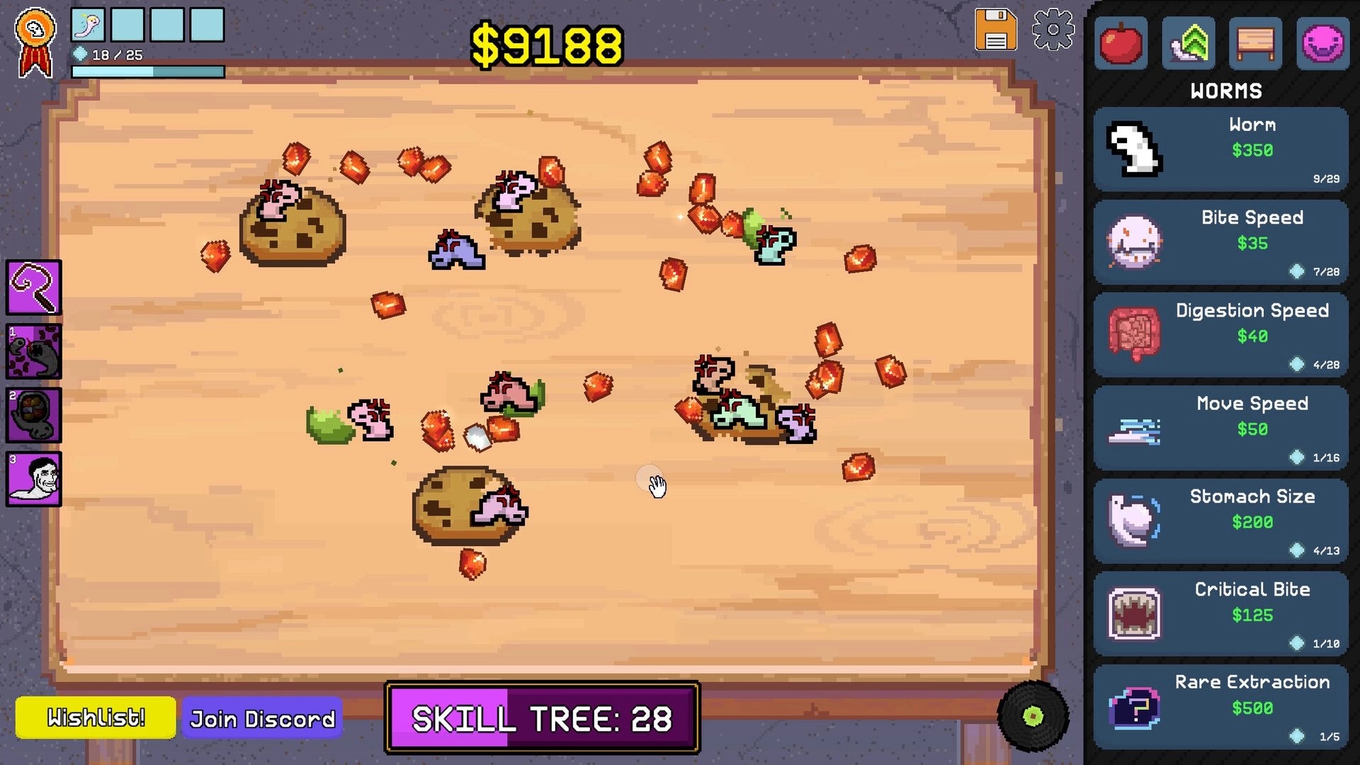 Worm Capitalist: Worms swarm food piles and red pellets on wooden board with upgrade shop sidebar.