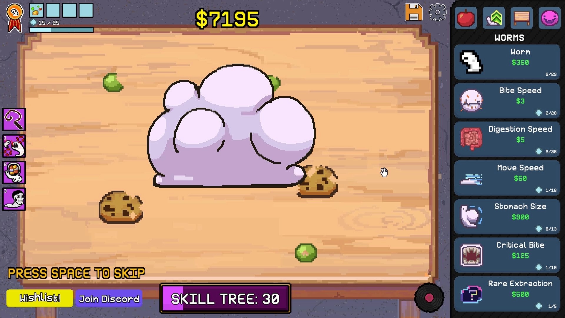 Worm Capitalist: Skill tree shop UI with worm upgrades beside a blob eating cookies on wood board.