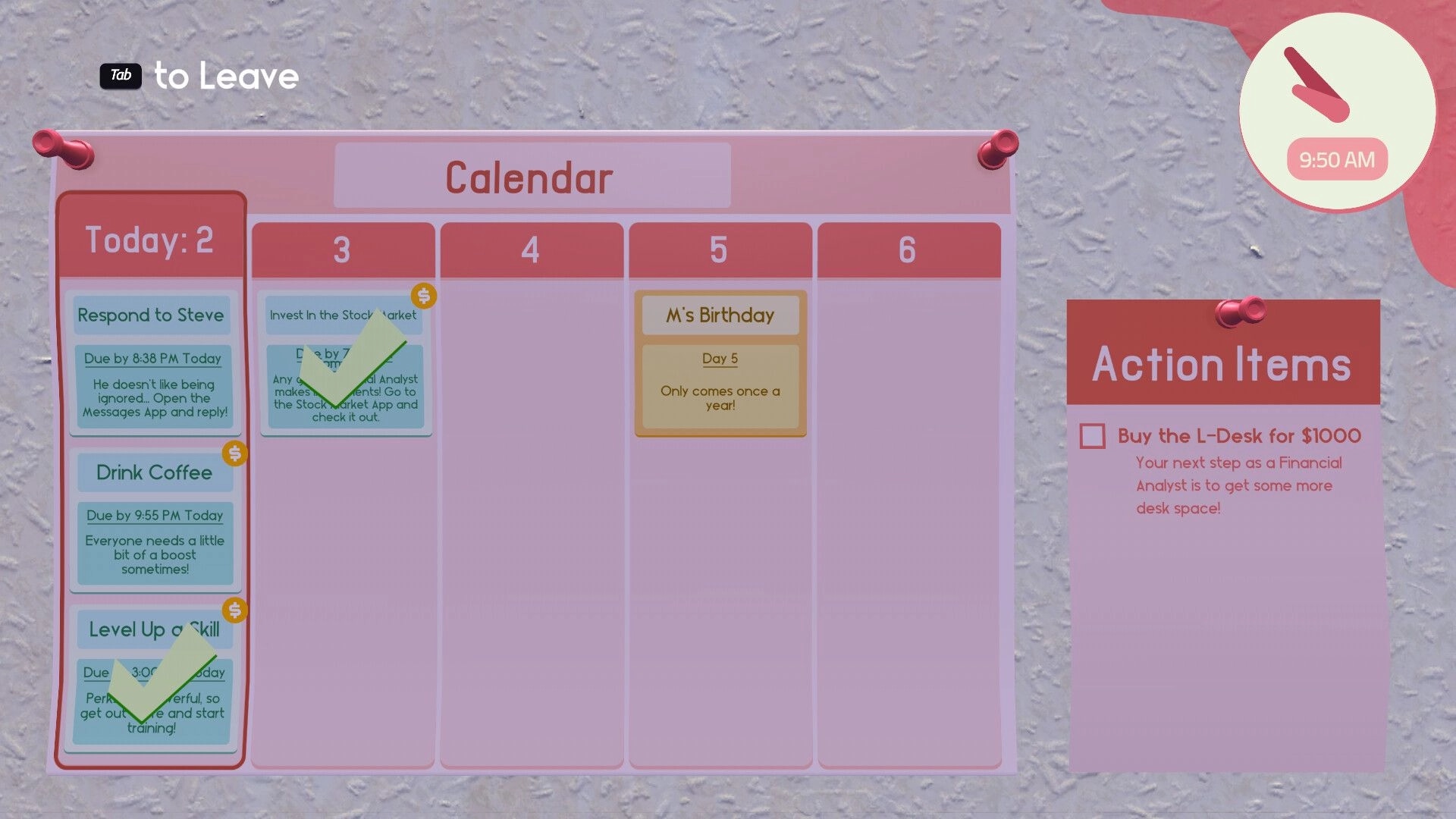 Worming from Home: Task calendar with action items pinned on a virtual wall, including stock investment.