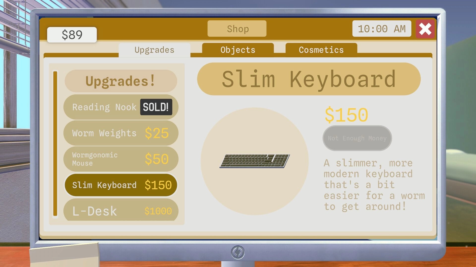 Worming from Home: Upgrade shop screen displaying various items like Slim Keyboard and Worm Weights
