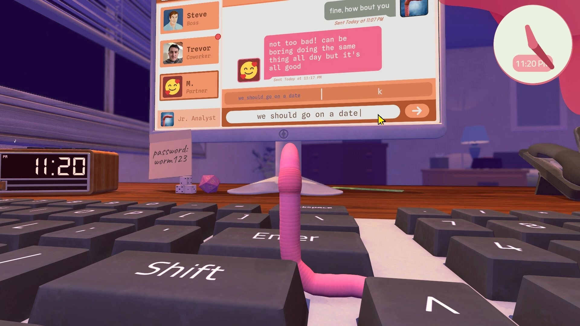 Worming from Home: Pink worm typing on oversized keyboard in home office with chat screen and clock.