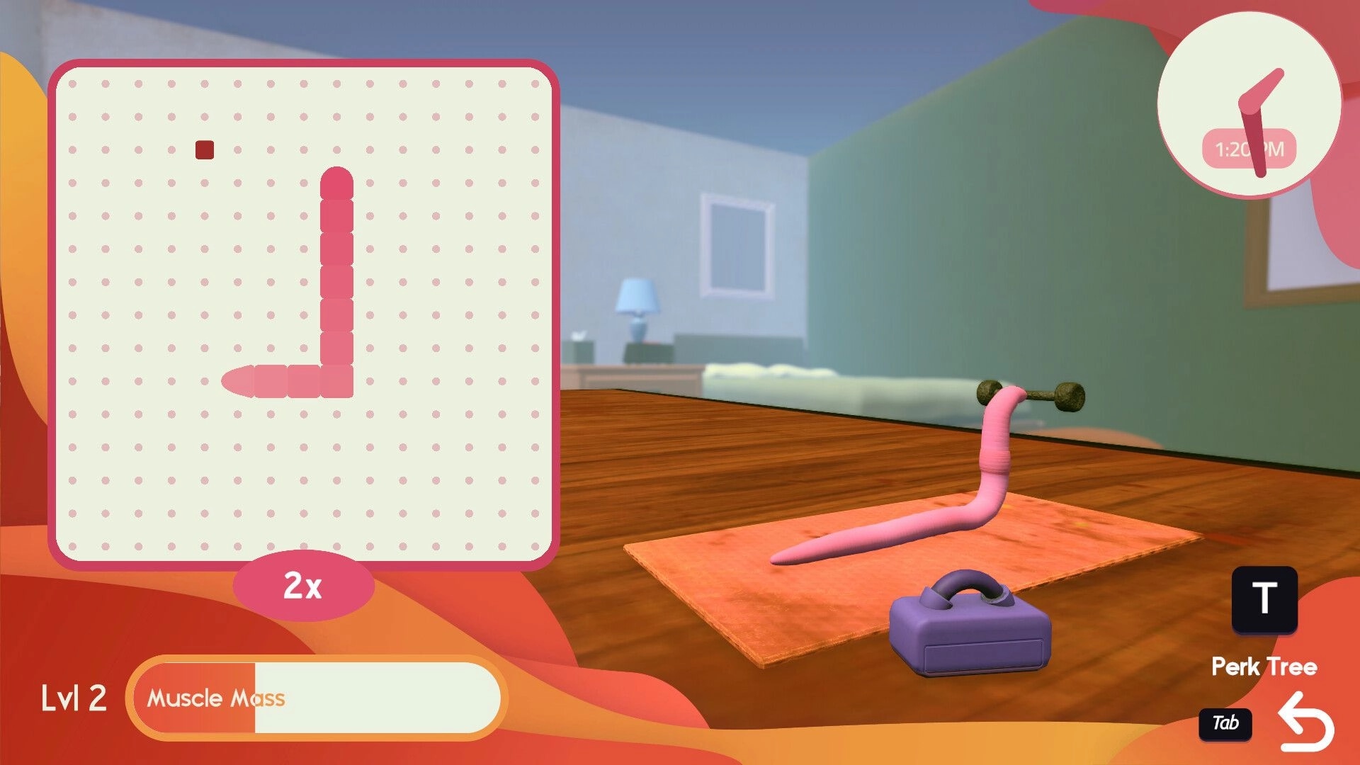 Worming from Home: Worm lifting weights on an orange mat in a room, with upgrade and time UI visible.