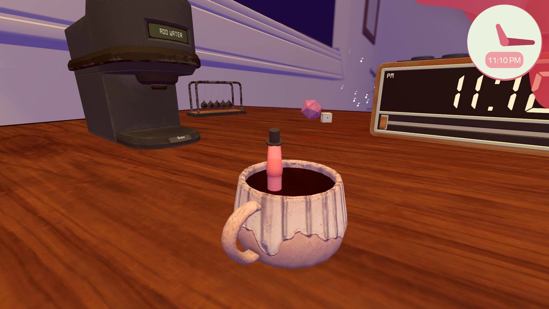Worming from Home: Worm wearing hat in coffee cup on desk with clock showing 11:10 PM and coffee maker.