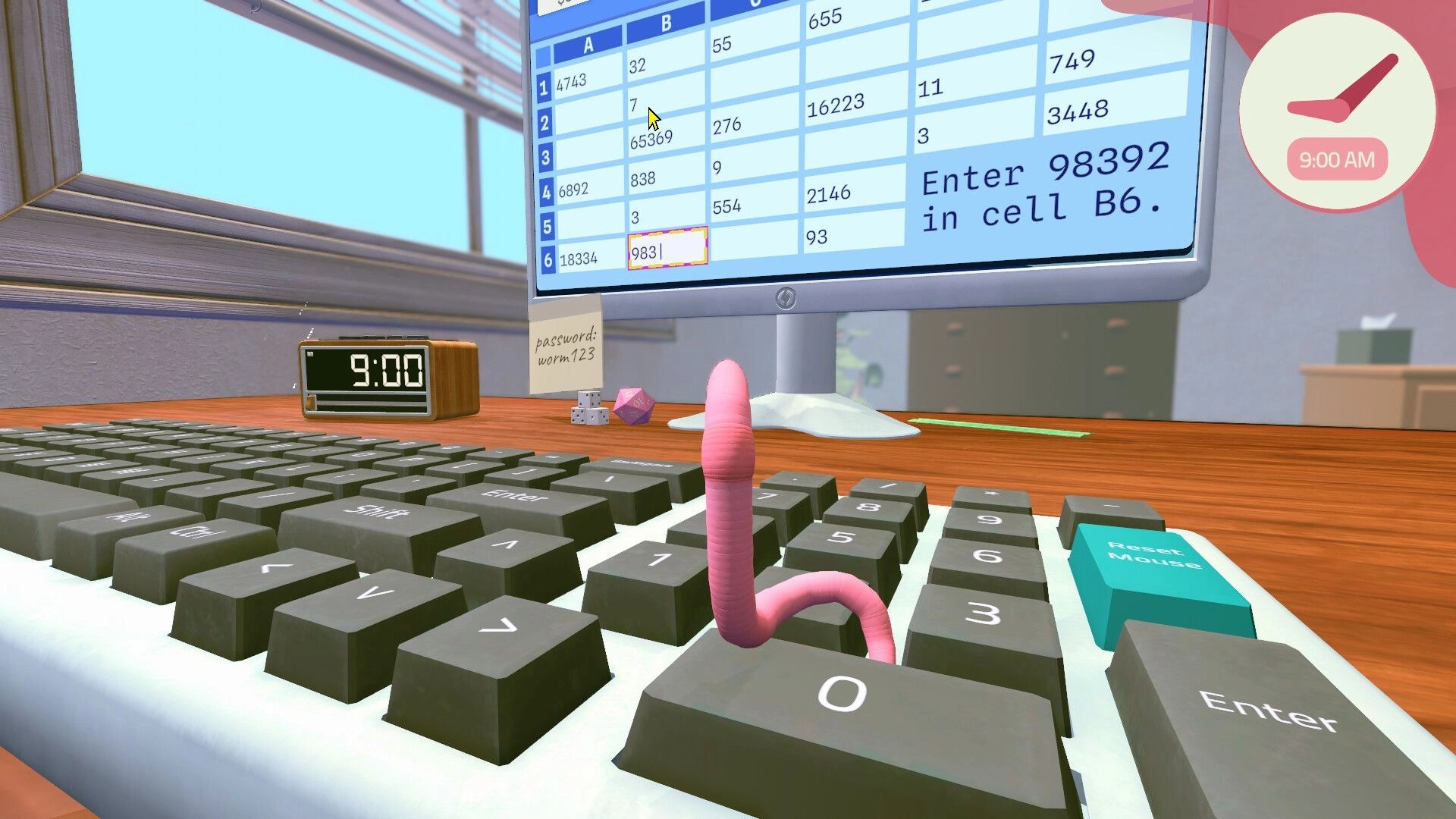 Worming from Home: Worm typing on keyboard with spreadsheet on screen in a bright office setting