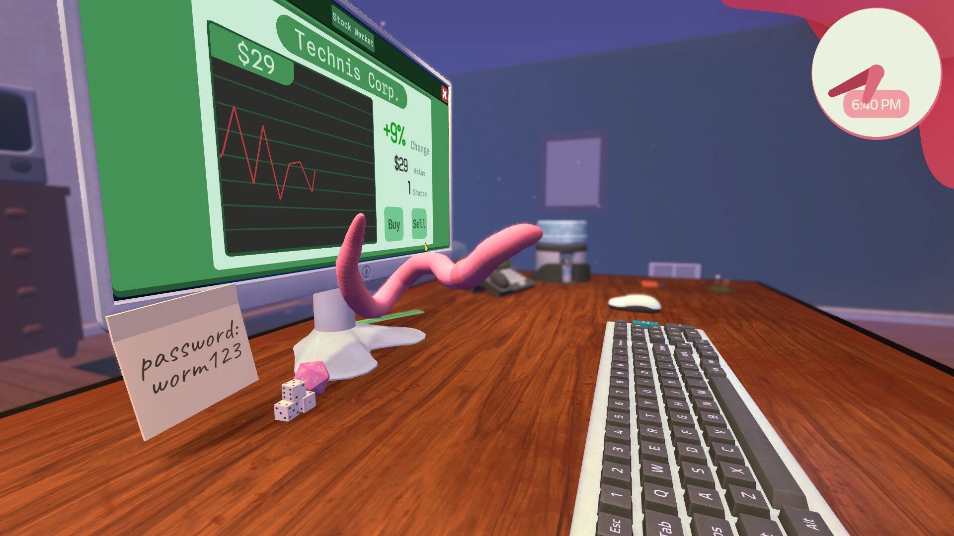 Worming from Home: Worm typing on keyboard in home office with stock market screen and clock visible