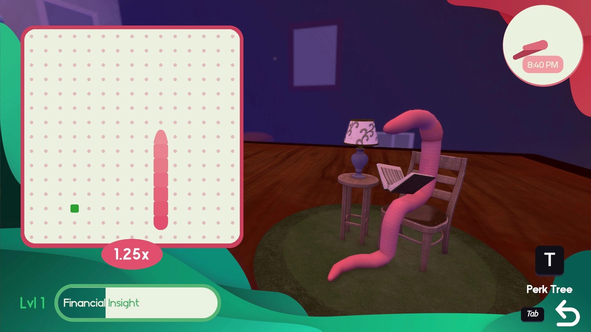 Worming from Home: Worm using a laptop on a chair, UI shows level 1 with financial insight progress.
