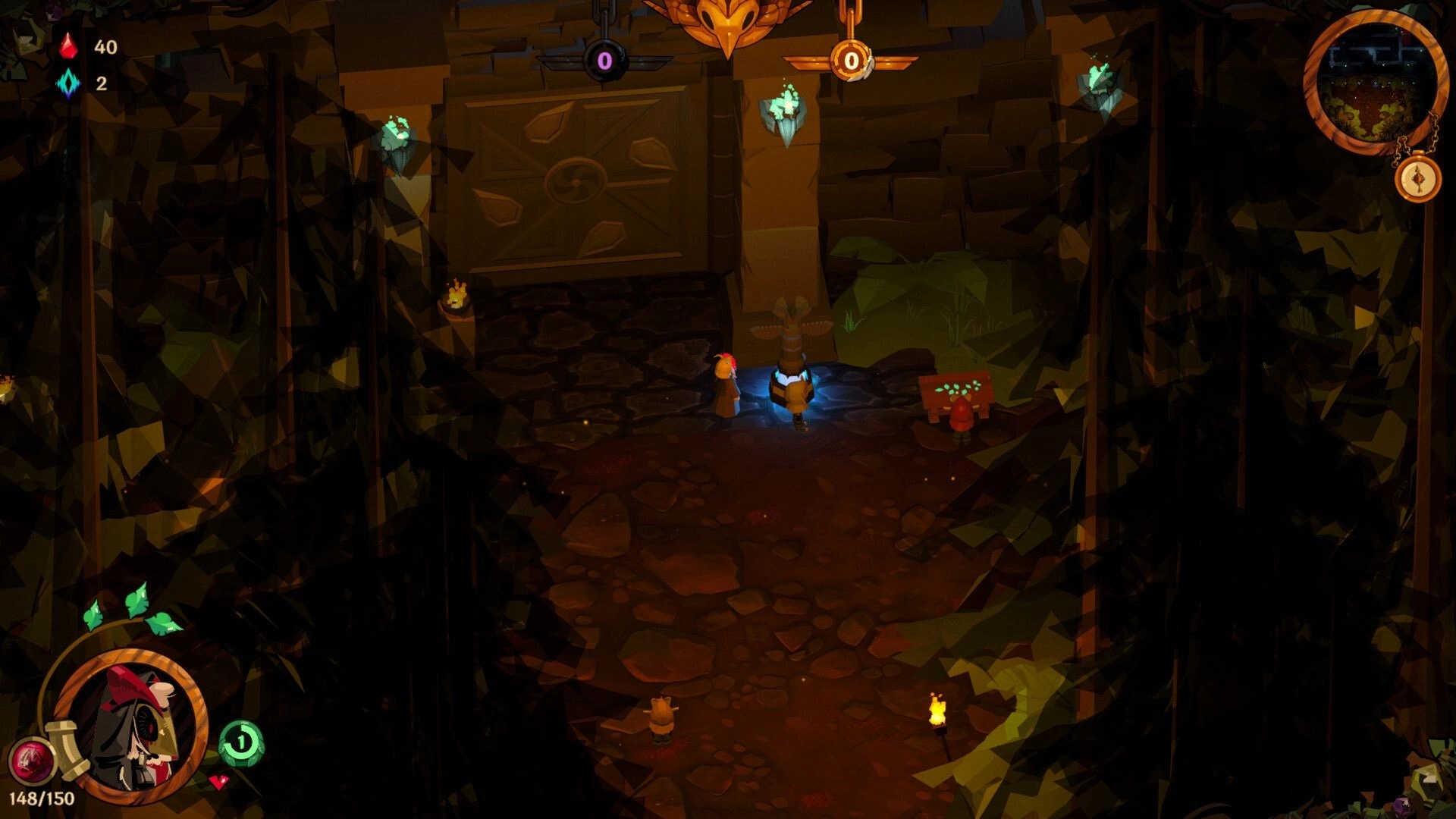 Worn By The Forgotten: Character stands before a mystical door in a dimly lit forest with UI elements.