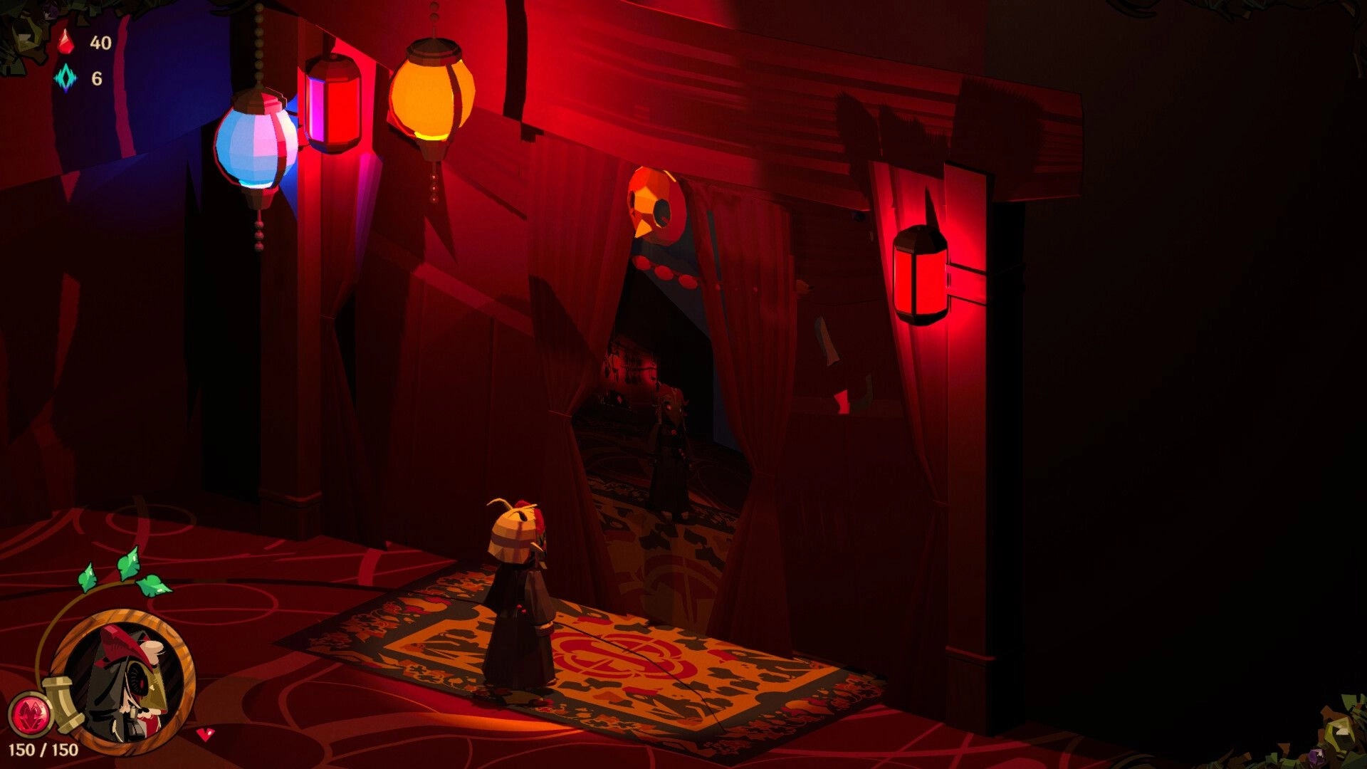 Worn By The Forgotten: Character stands before red curtains under colorful lanterns in dimly lit room