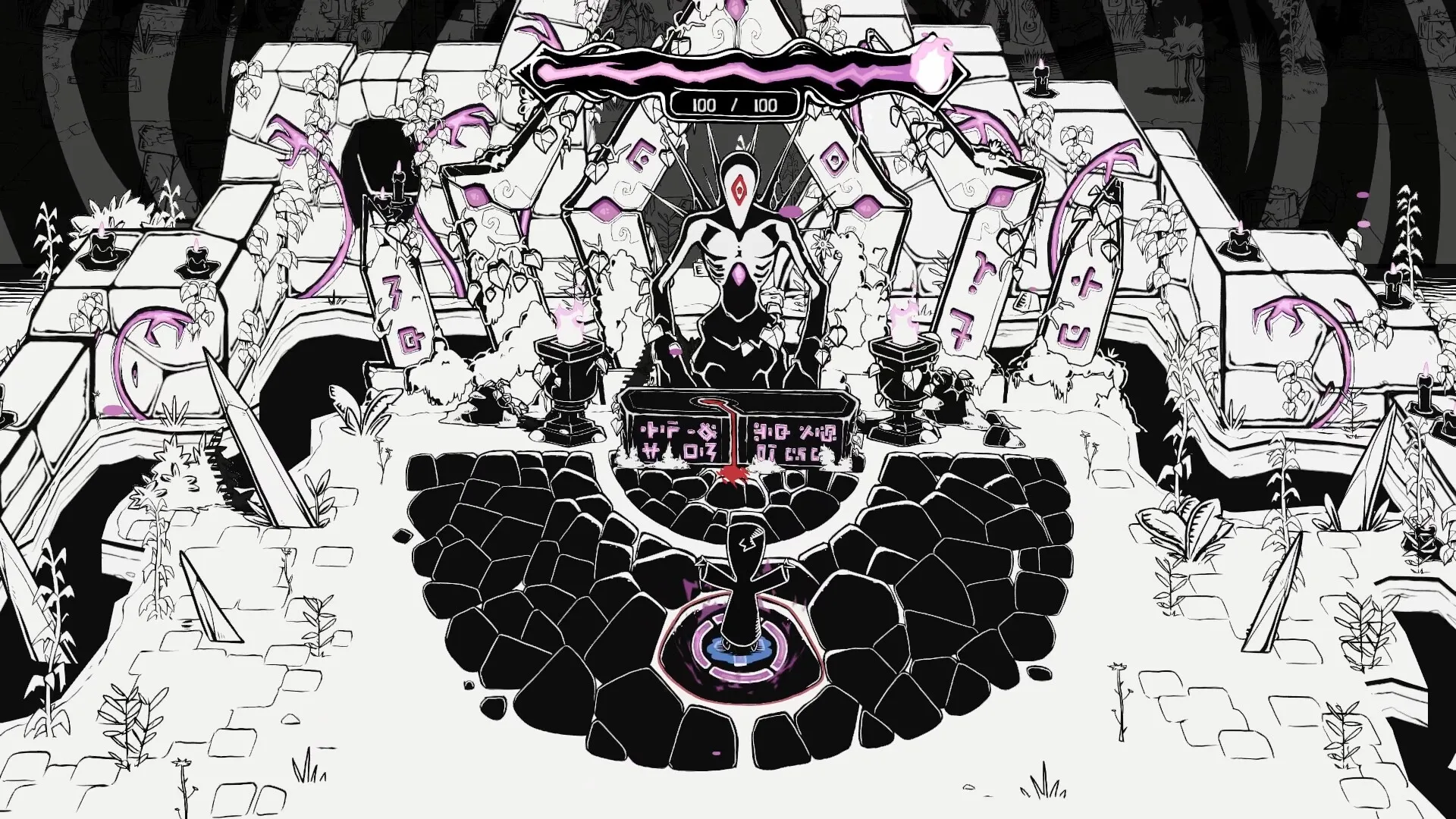 Worship: Ritual chamber with cultist figure performing a ceremony in front of an altar with runes.