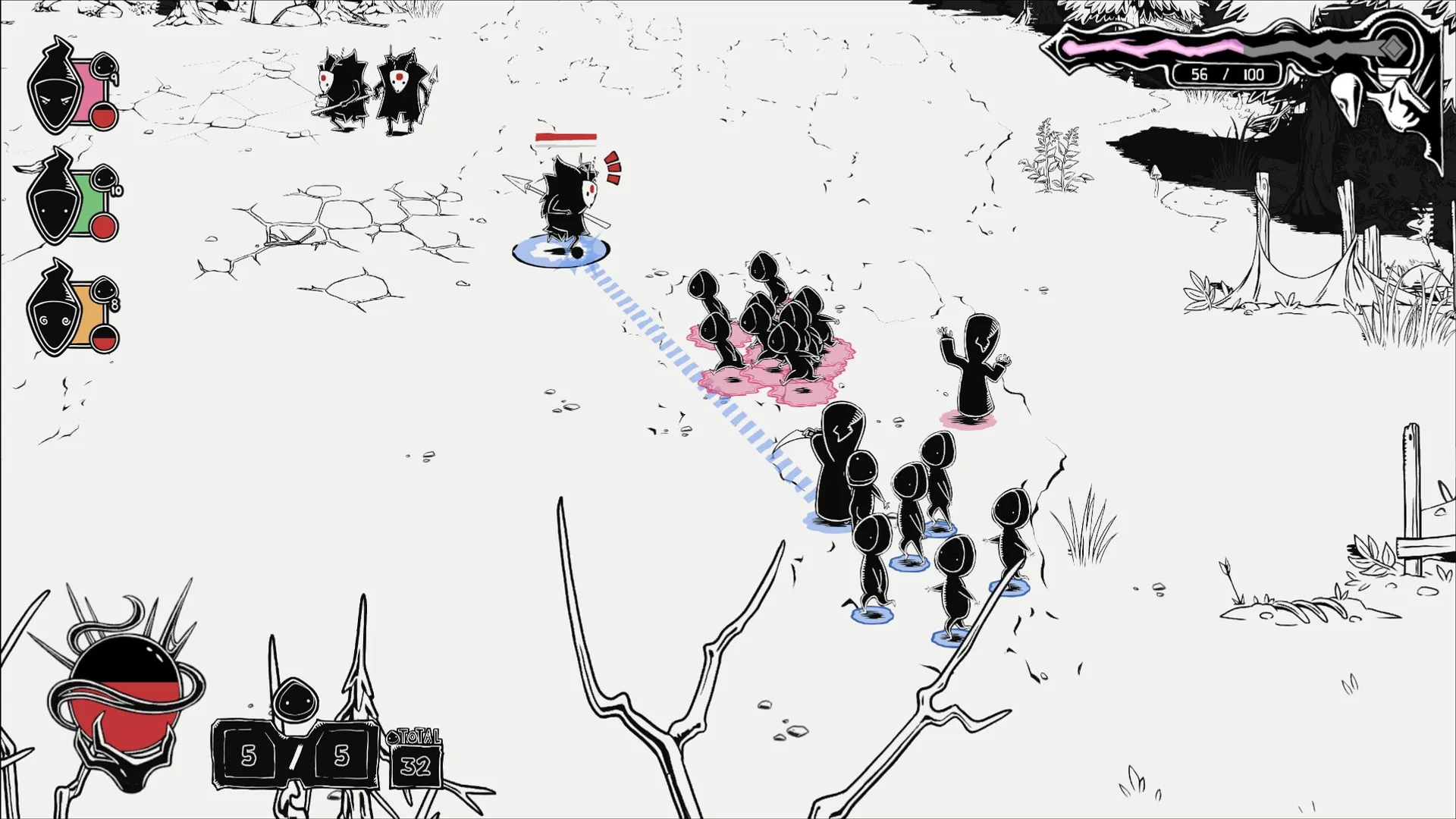 Worship: Cultist leads followers in combat against enemies on a cracked barren landscape with UI elements.
